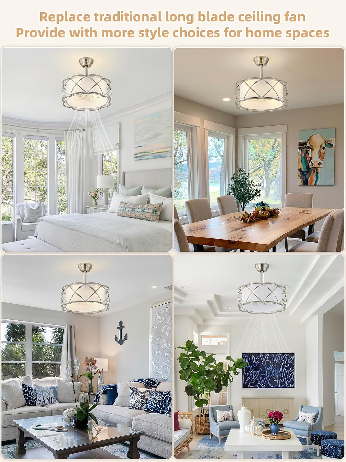 Silver Fandelier Ceiling Fans with Lights, 20' Mid Century Boho Chandelier Ceiling Fan Remote Control with 6 Speeds for Bedroom, Nursery, Living Room