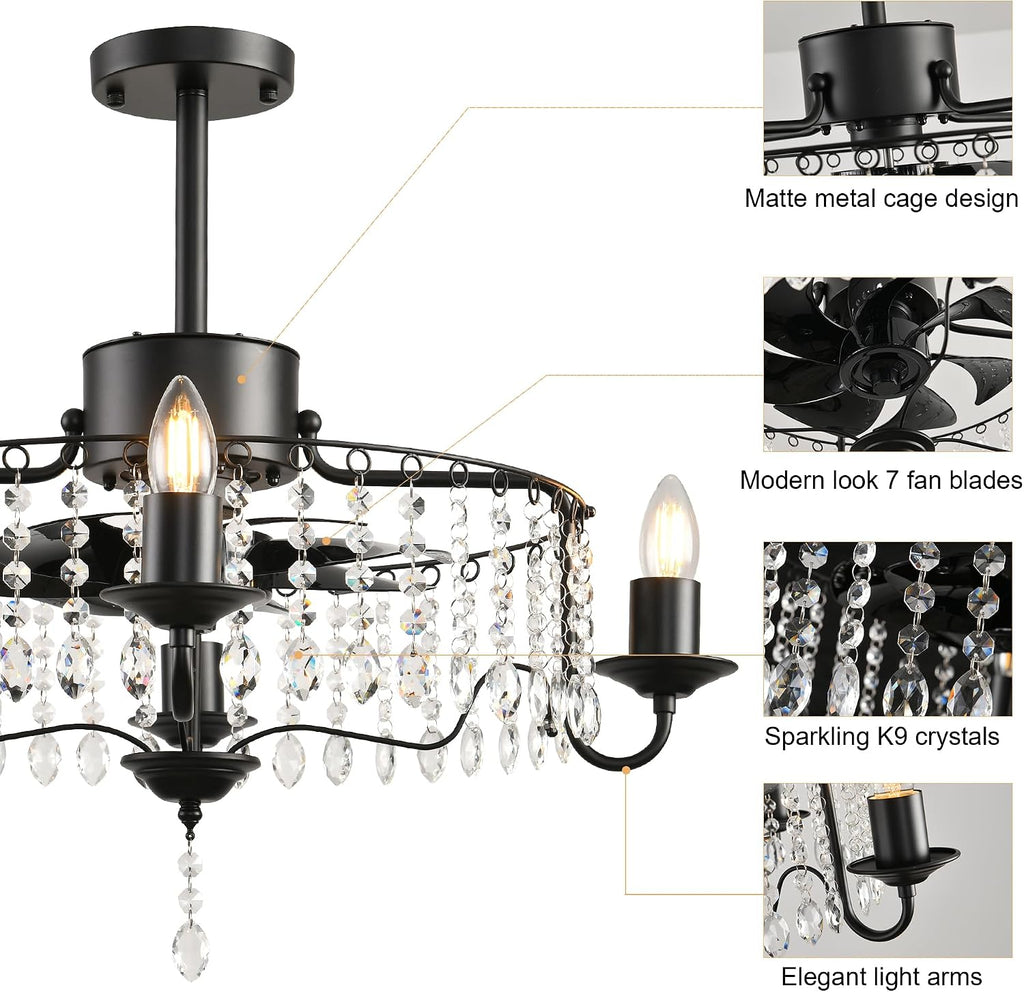 Garwarm 20in Ceiling Fans with Lights,Black Crystal Fandelier Bladeless Industrial Ceiling Fan with Remote,Flush Mount Ceiling Fan Lights for Bedroom Kitchen