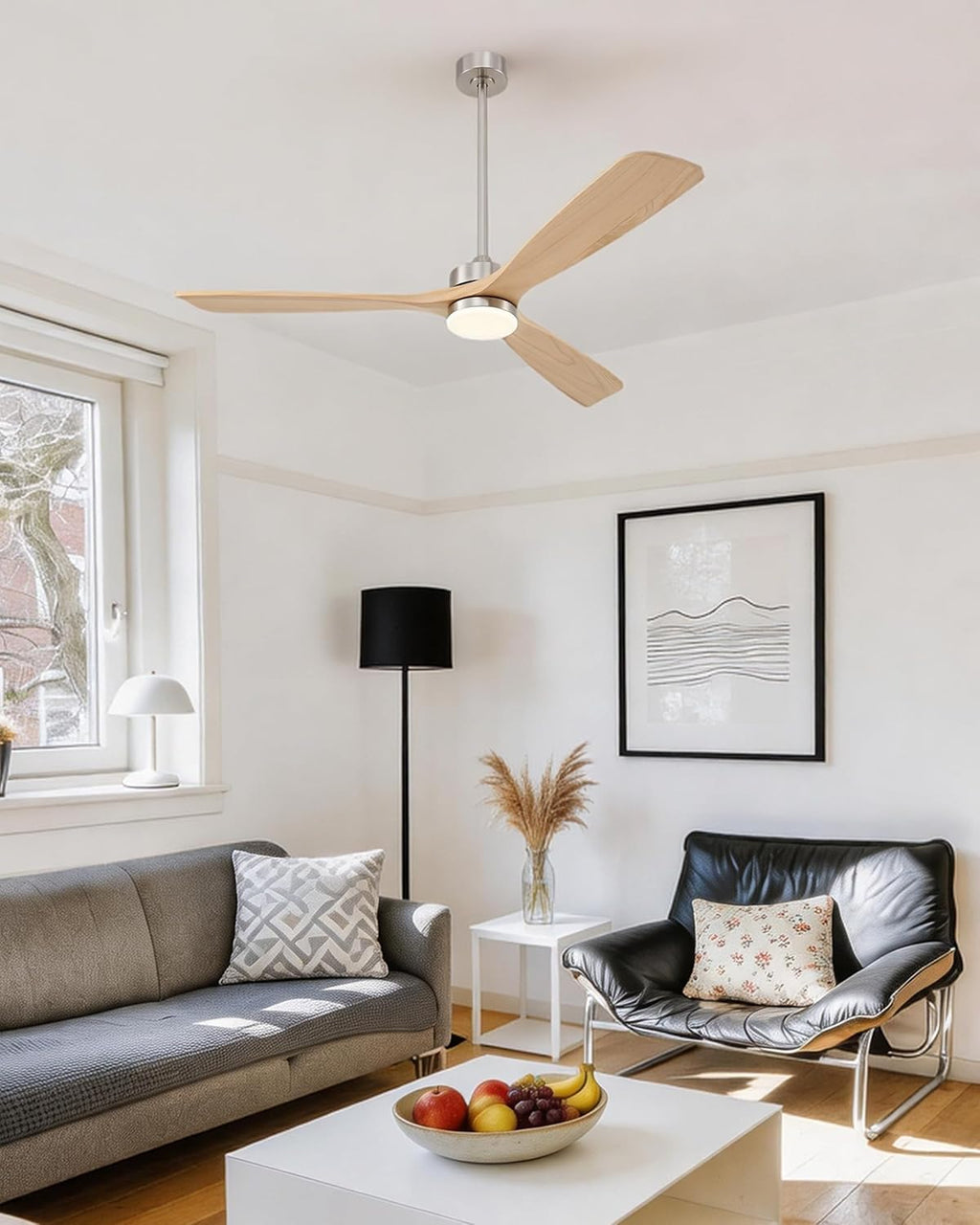 VONLUCE Wood Ceiling Fan with Lights, 60 Inch Ceiling Fan and Remote, 6 Speed Reversible Noiseless DC Motor, 3CCT, Solid Wood Outdoor Ceiling Fan for Patios Farmhouse, Nickel