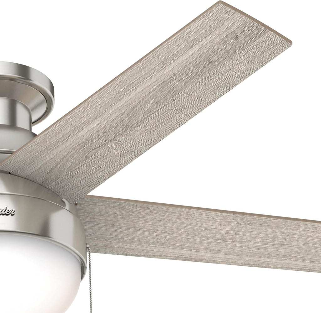 Hunter 46 inch Indoor Ceiling Fan with LED Light - Ceiling Fan with Pull Chain, for Bedroom, Living Room, or Kitchen, Low Profile Mount, No Remote, 5 Blades - Anslee 50278, Brushed Nickel