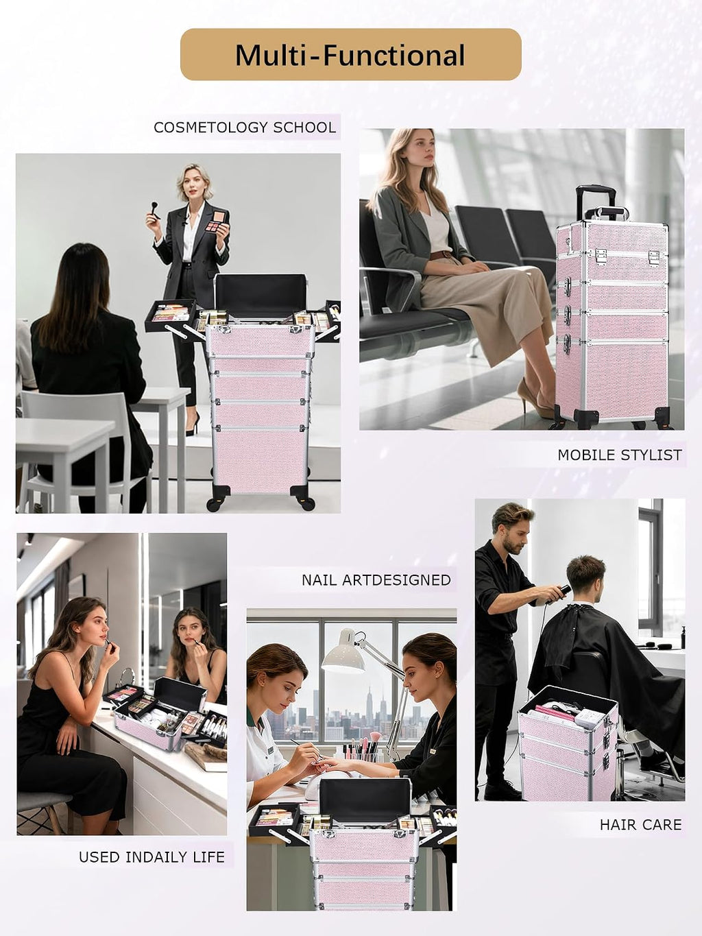 Costravio 5 in 1 Rolling Makeup Case on Wheels Large Cosmetology Case Organizer Beauty Cosmetic Train Case Travel Nail Cart for Make-up Studio Hair Salon, Pink Rhinestone