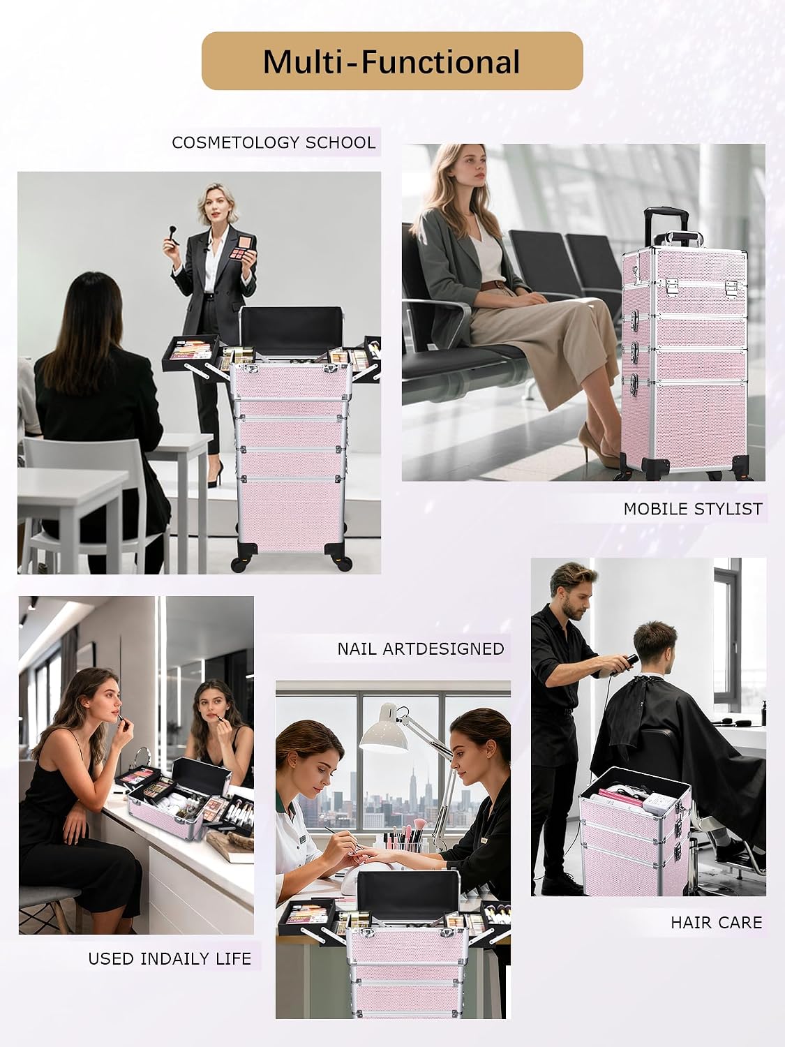 Costravio 5 in 1 Rolling Makeup Case on Wheels Large Cosmetology Case Organizer Beauty Cosmetic Train Case Travel Nail Cart for Make-up Studio Hair Salon, Pink Rhinestone