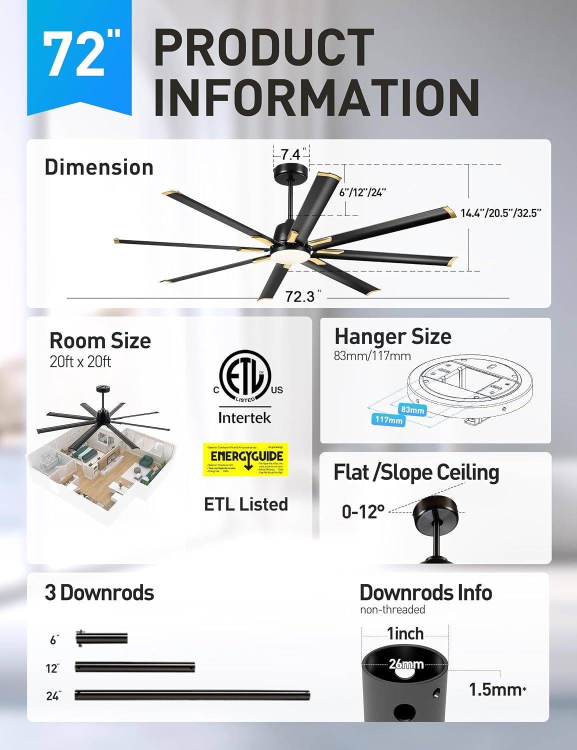 Minislak 72 Inch Ceiling Fan with Light,Industrial Ceiling Fan with 8 Aluminium Blades,Black Gold Smart Fan Compatible with Alexa,Garage Outdoor Indoor Fan for Patio and Living Room