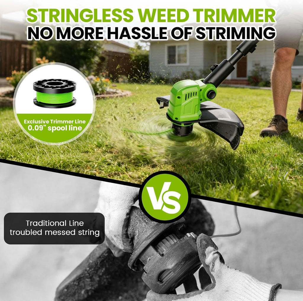 14' Electric String Trimmer Cordless Battery Powered Weed Eater with Wheel, 3-in-1 Cordless Grass Trimmer/Electric Weed Wacker/Edger, Weed Trimmer with 8 Replacement Spools for Garden, Lawn (Green)