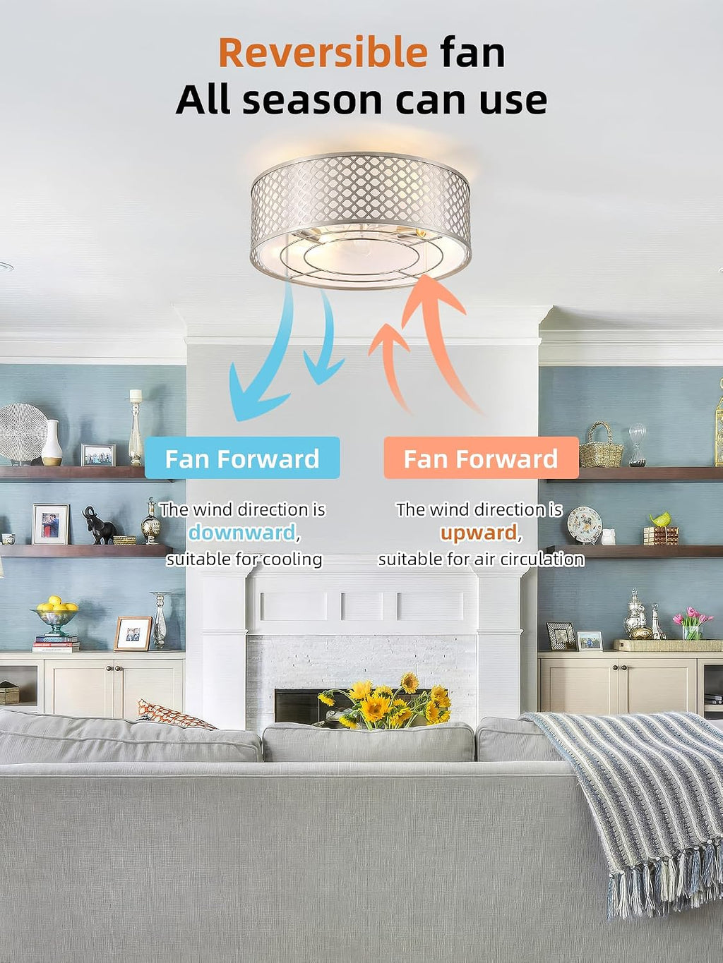 20' Silver Ceiling Fan with Light Flush Mount, Caged Boho Ceiling Fans with Lights Remote Control, Round with 6 Speeds for Bedroom, Nursery, Living Room