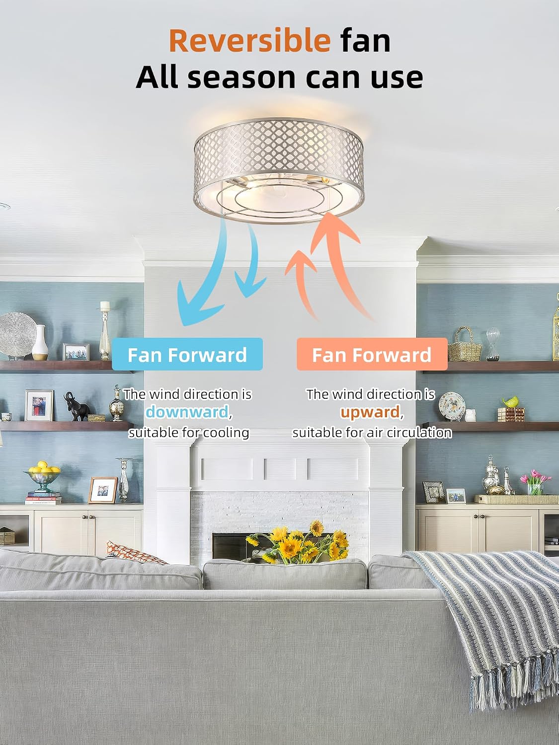 20' Silver Ceiling Fan with Light Flush Mount, Caged Boho Ceiling Fans with Lights Remote Control, Round with 6 Speeds for Bedroom, Nursery, Living Room