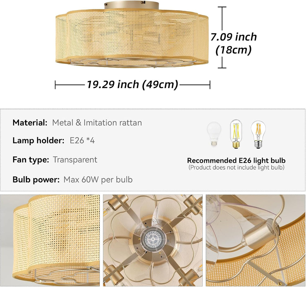 20' Low Profile Ceiling Fan with Light, Caged Flush Mount Ceiling Fan with Light Remote Control, Boho Bladeless with 6 Speeds for Bedroom, Nursery, Living Room.
