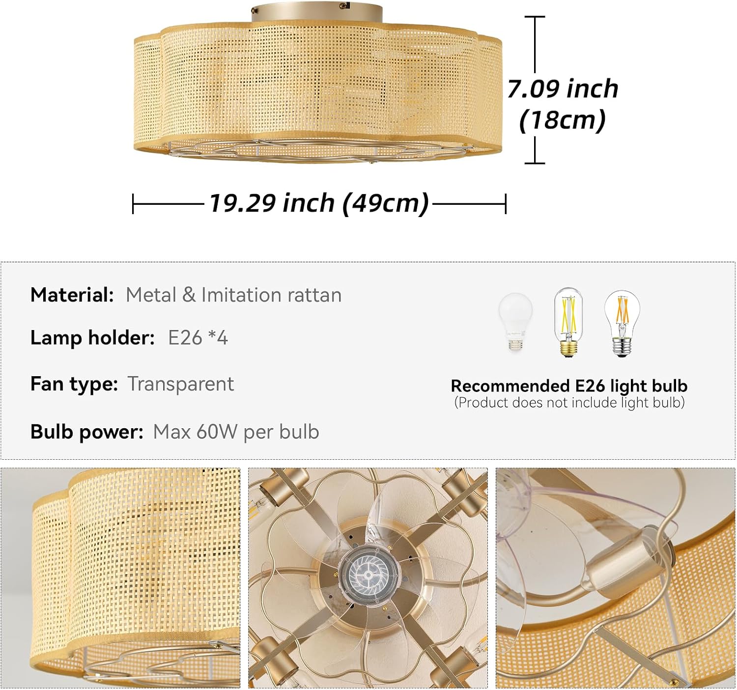 20' Low Profile Ceiling Fan with Light, Caged Flush Mount Ceiling Fan with Light Remote Control, Boho Bladeless with 6 Speeds for Bedroom, Nursery, Living Room.