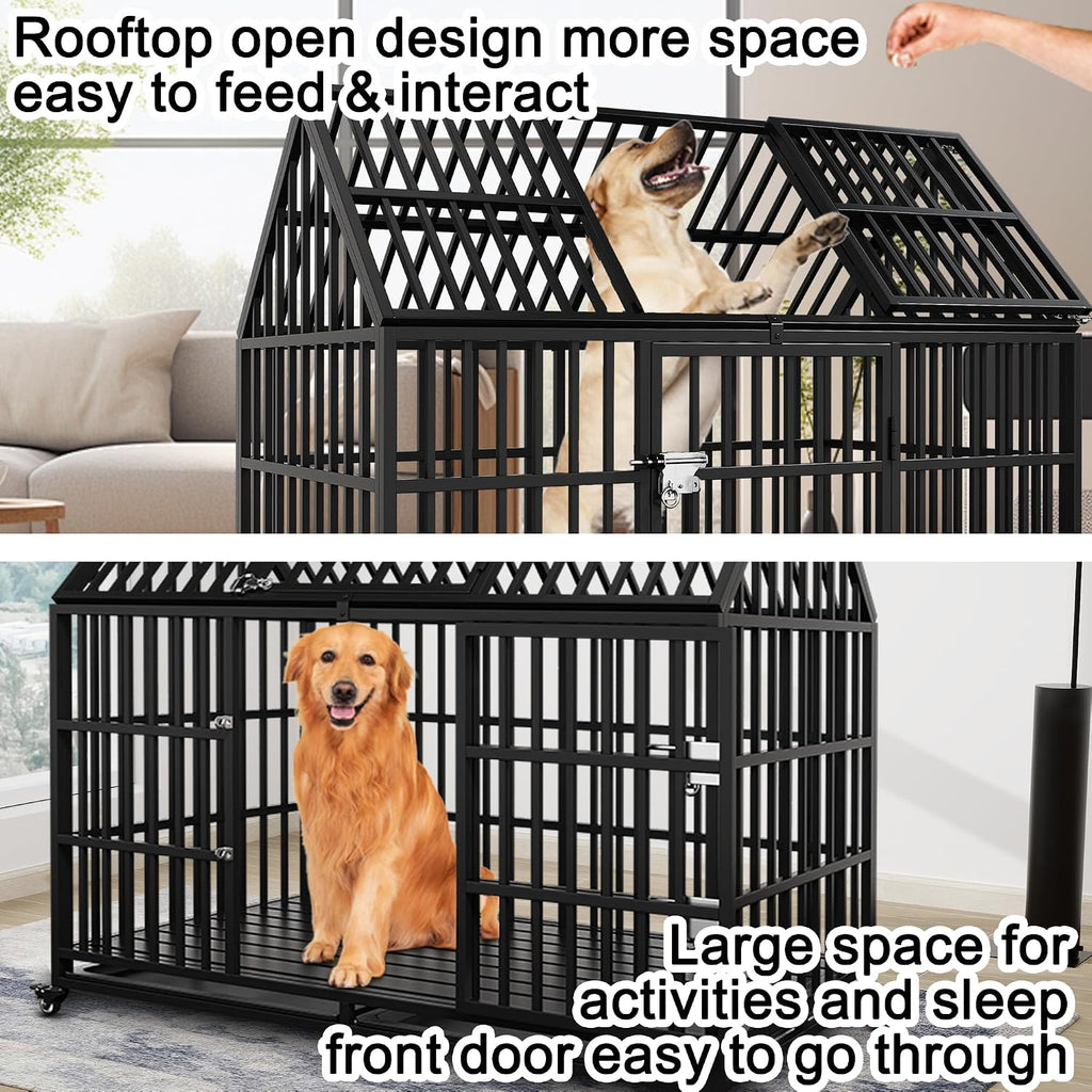 Heavy Duty Dog Crate 54 Inch Dog Pet Cage Kennel with Mat Escape Proof with Roof Top Open 4 Wheels 2 Doors Removable Trays for High Anxiety Extra Large XL XXL Dogs Breeds Great Dane Mastiff Bernard