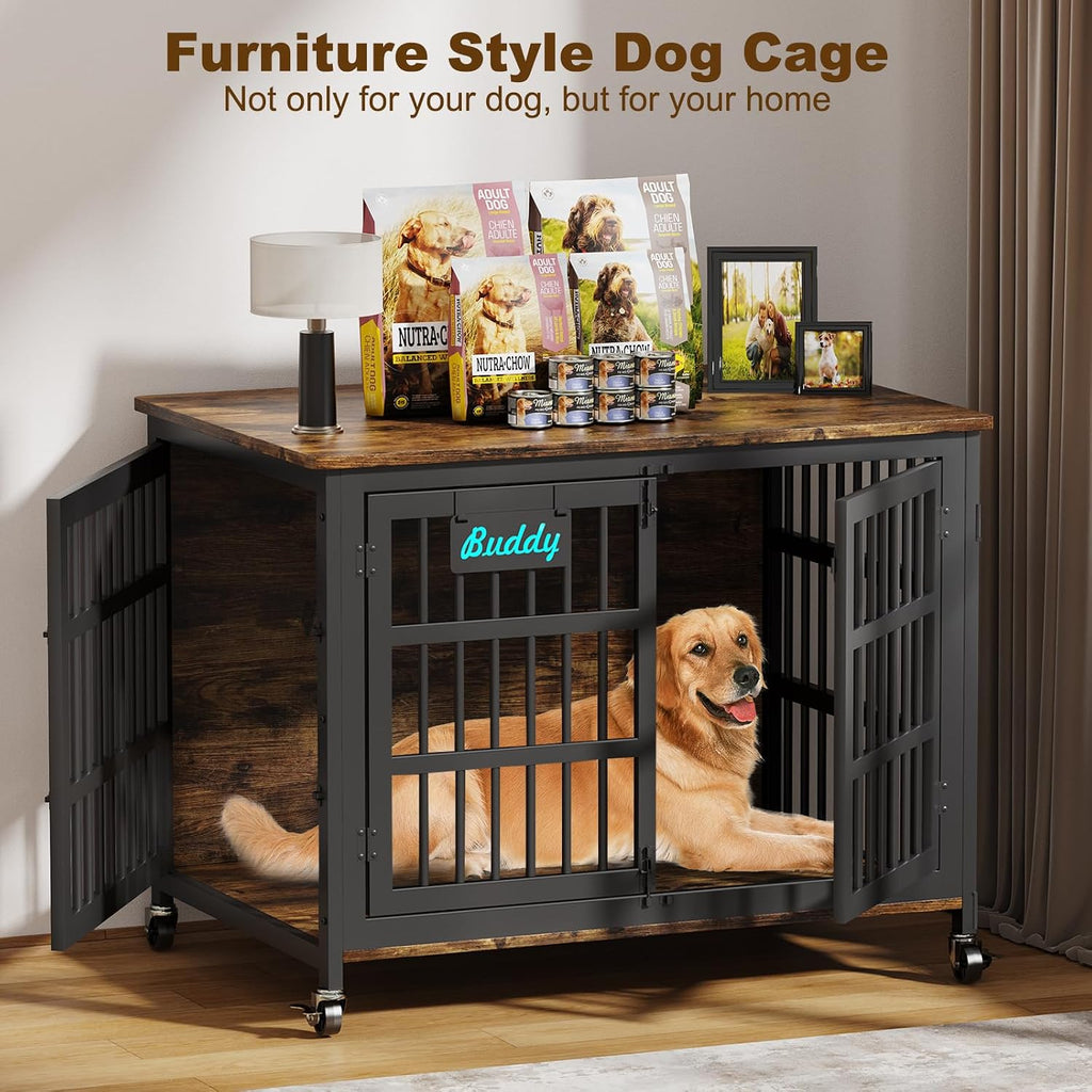 EasyCom 42'/41'/33' Dog Crate Furniture with Name Tag, XL Heavy Duty Dog Kennel Indoor for Large and Medium Dogs, Double-Doors Sturdy Dog Cage for Anxiety Dog, Decorate House as TV Stand