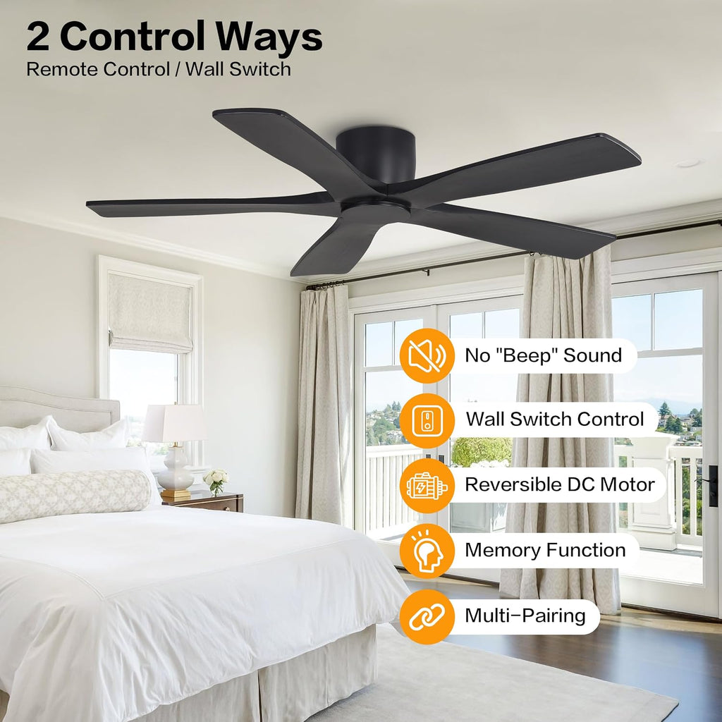 WINGBO 54' Flush Mount DC Ceiling Fans Without Lights, 5 Carved Solid Wood Blades, 6-Speed Reversible DC Motor, Low Profile Hugger Ceiling Fan No Lights for Living Room Bedroom Patio, Matte Black