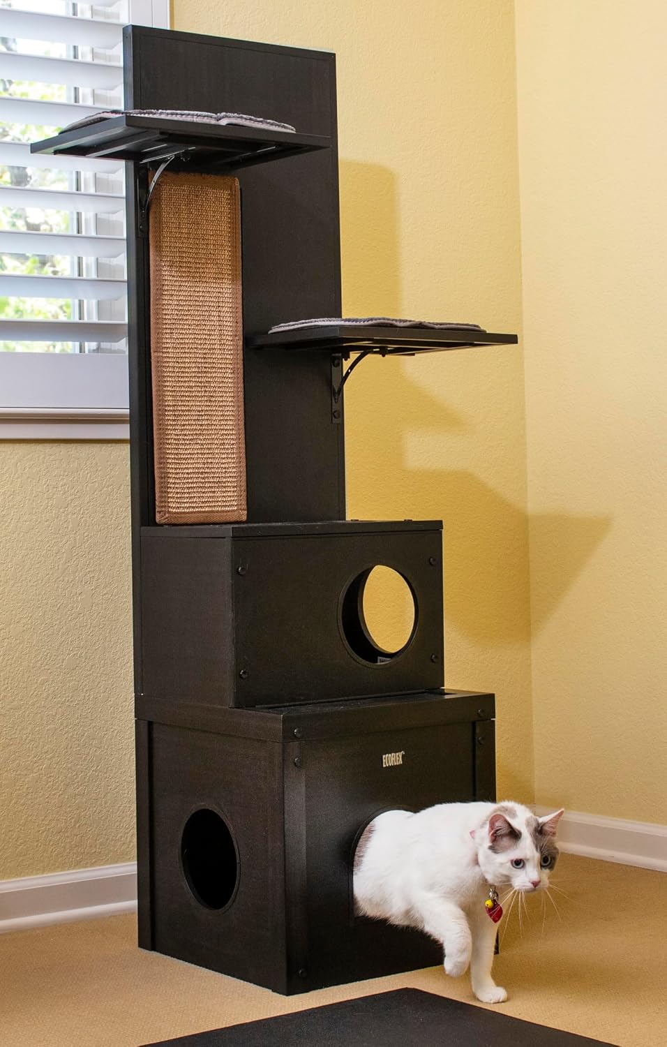New Age Pet ECOFLEX Kitty Climber Cat Tree with 2 Cubes, 2 Shelves, Sisal Scratch Pad, 60' Tall, Moisture and Odor Resistant Indoor Cat Furniture, Espresso Black