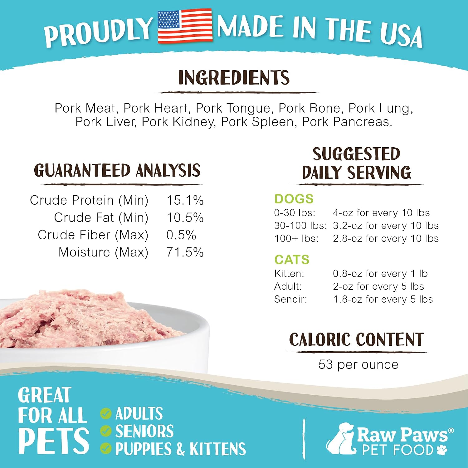 Raw Paws Signature Blend Pet Food for Dogs & Cats - Pork Recipe, 1-lb Rolls (20 Pack) - Fresh Raw Food Made in USA - Natural Dog Food Roll - Frozen Raw Pork Dog Food Log Diet