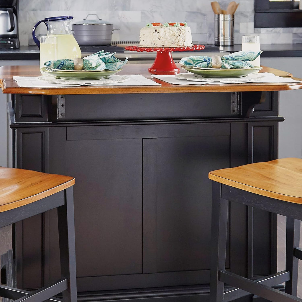 Home Styles Large Kitchen Island Set with Two Matching Stationary Slat back Stools with Antique Black finish and Distressed Oak Top, Extendable Breakfast Bar, Open Storage and Shelves and Drawers