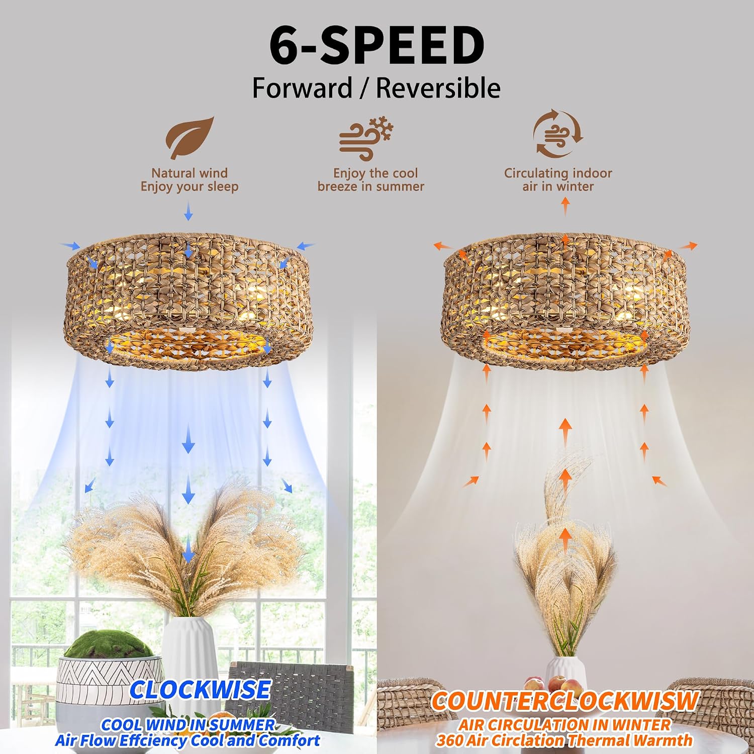 0139-4H Handwoven Rattan Boho Ceiling Fans with Lights Remote Control Flush Mount Fandelier Low Profile Caged for Bedroom,4-Light,20'