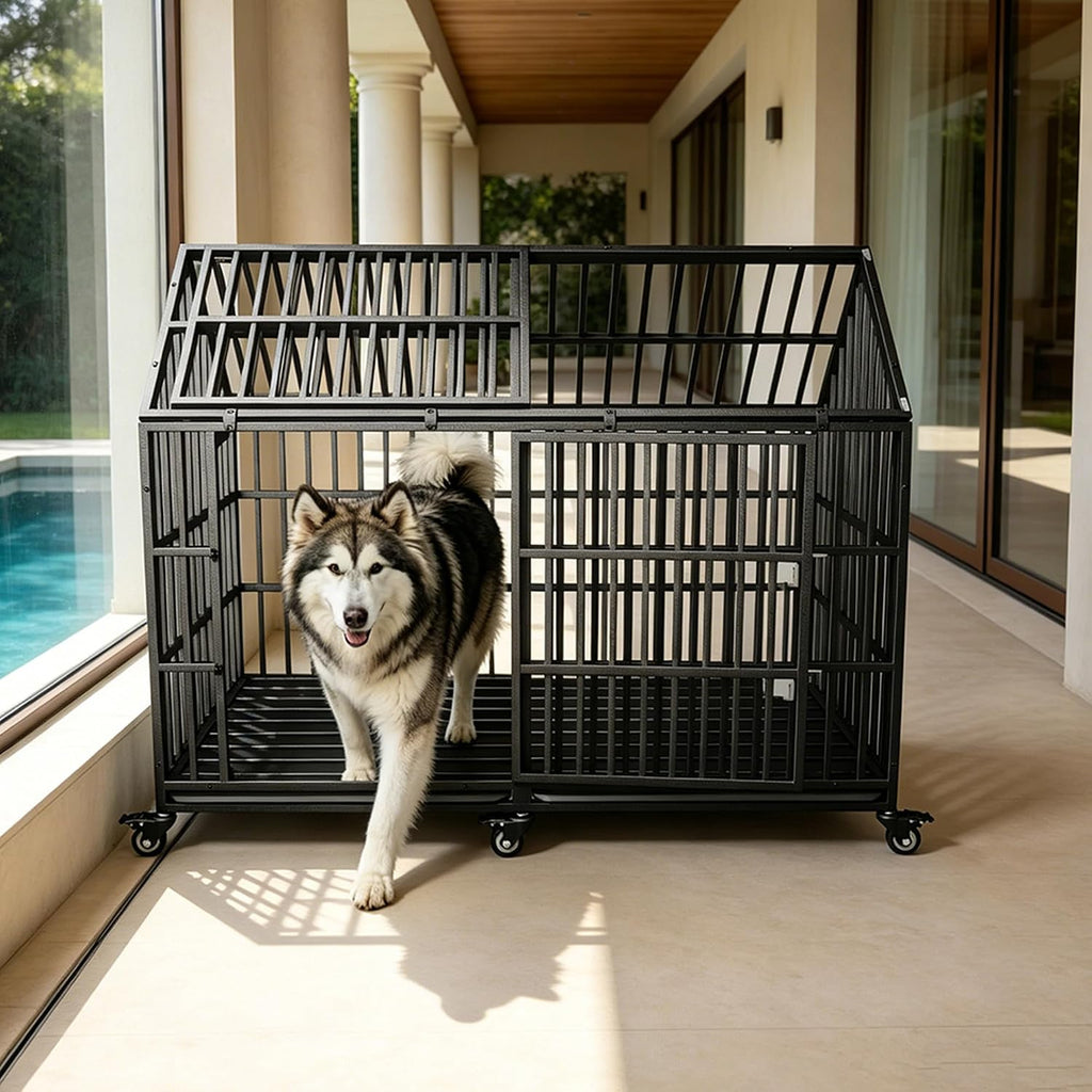 Heavy Duty Dog Crate Cage Kennel 64 inch Sturdy Durable Safe for High Anxiety Giant Extra Large Breeds Dog Pet XL XXL,Lockable Wheels, Removable Trays