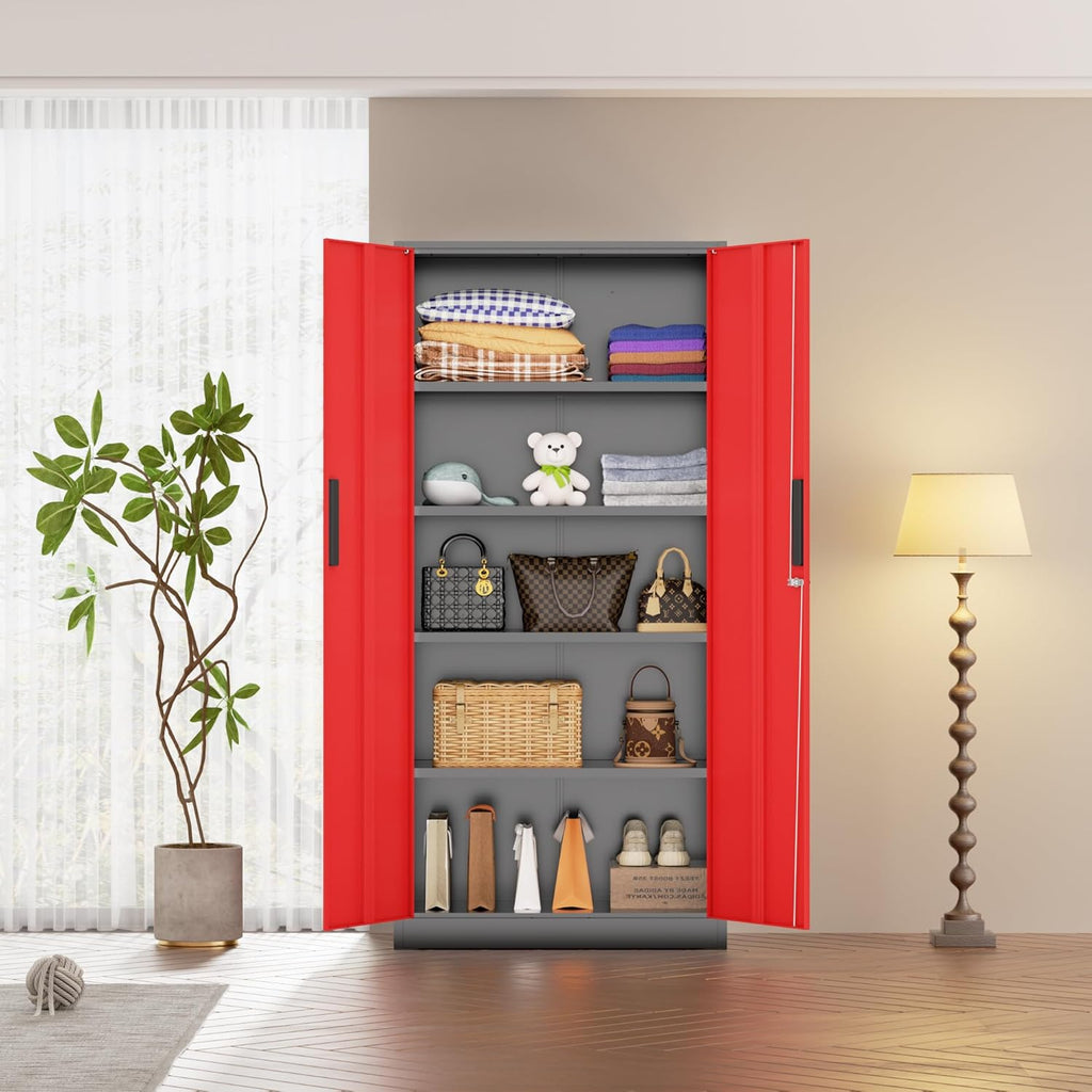 Bonusall 72' Metal Garage Storage Cabinet - 900lbs Heavy Duty Steel Cabinet with 3-Point Locking System & 4 Adjustable Shelves, Lockable Tall Storage for Garage, Office, Warehouse - Black & Red