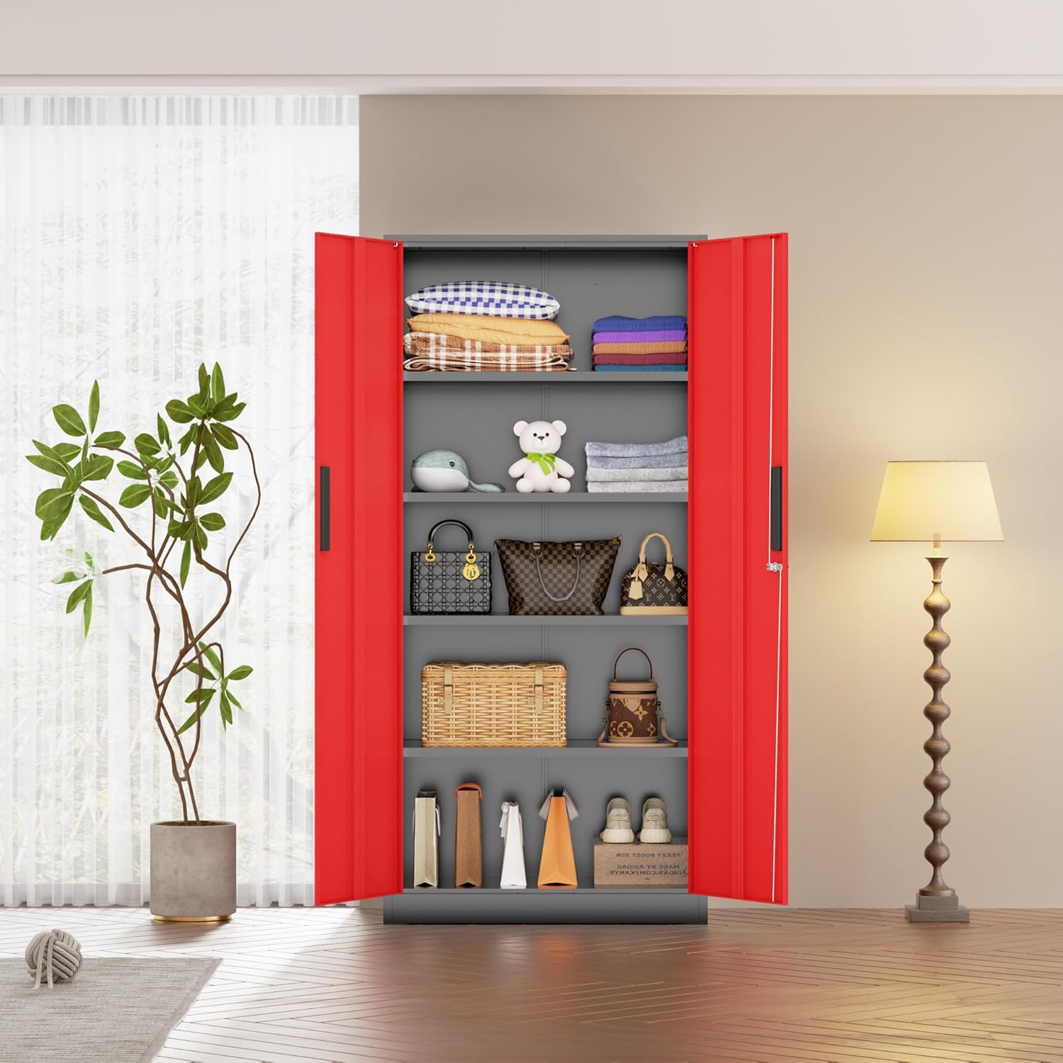 Bonusall 72' Metal Garage Storage Cabinet - 900lbs Heavy Duty Steel Cabinet with 3-Point Locking System & 4 Adjustable Shelves, Lockable Tall Storage for Garage, Office, Warehouse - Black & Red