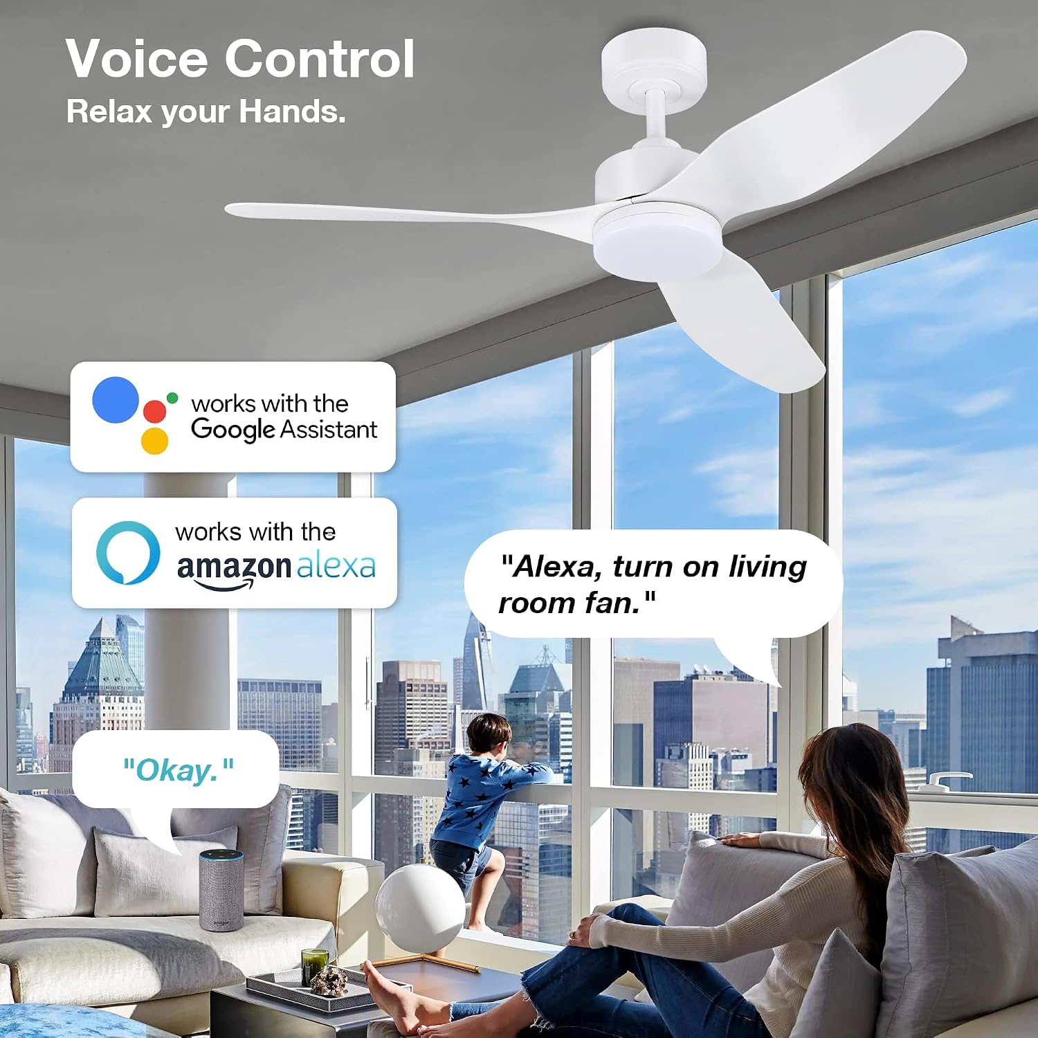 Hoenofly 48 Inch Smart Ceiling Fans with Lights Remote Control,Dimmable LED Light,Outdoor Indoor Modern Ceiling Fan,Quiet DC Motor,WIFI Alexa App Workable,Matte White for Bedroom Living Room Patio