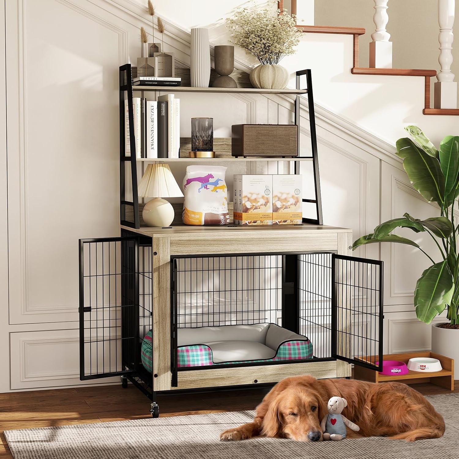 Giantex Dog Crate Furniture with Storage Shelves, 38' Furniture Style Indoor Dog Kennel on Wheels, 3 Doors, Flip Top Lid, Removable Pull-Out Tray, Dog Cage Pet House for Large Dogs, Oak Gray
