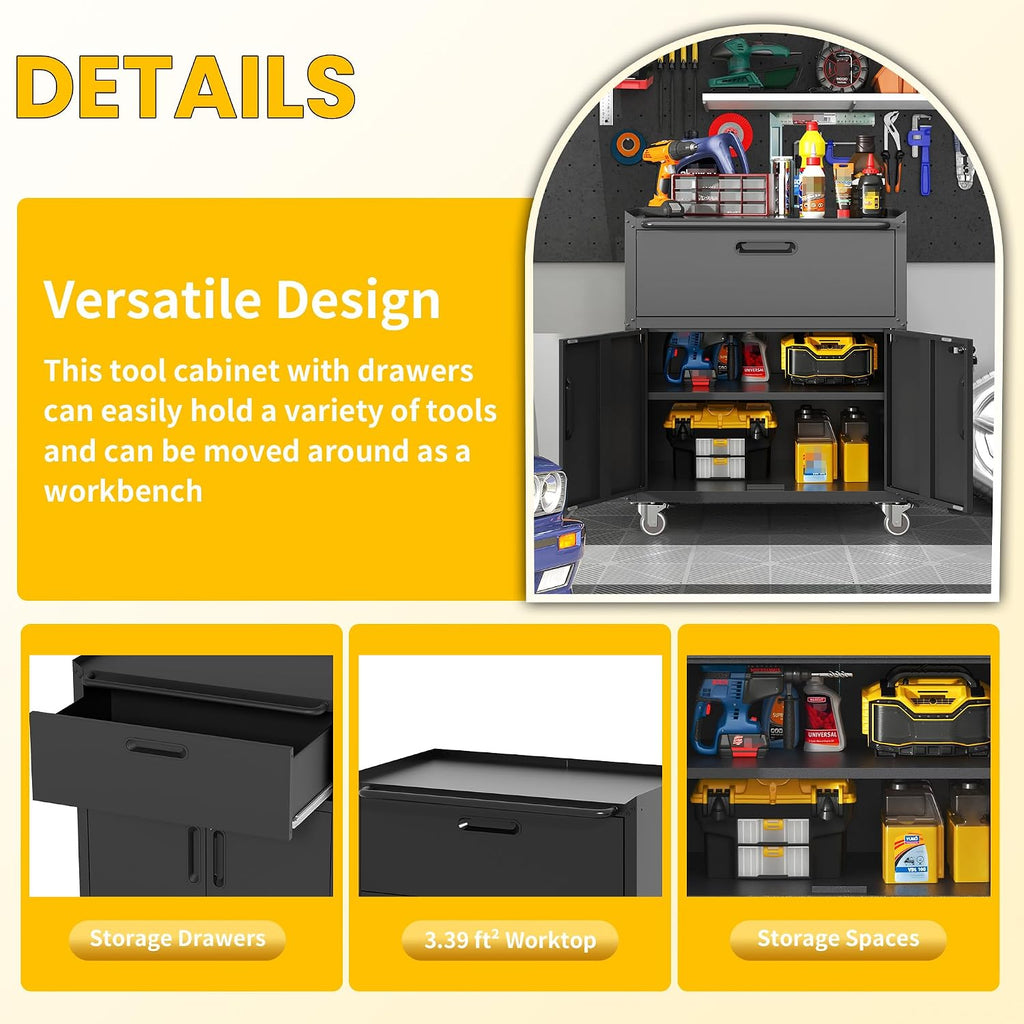 Garage Storage Cabinets with Wheels, Locking Metal Storage Cabinets with 2 Doors and 1 Drawer, Easy Assembly Tool Cabinet for Garage, Basement,Warehouse
