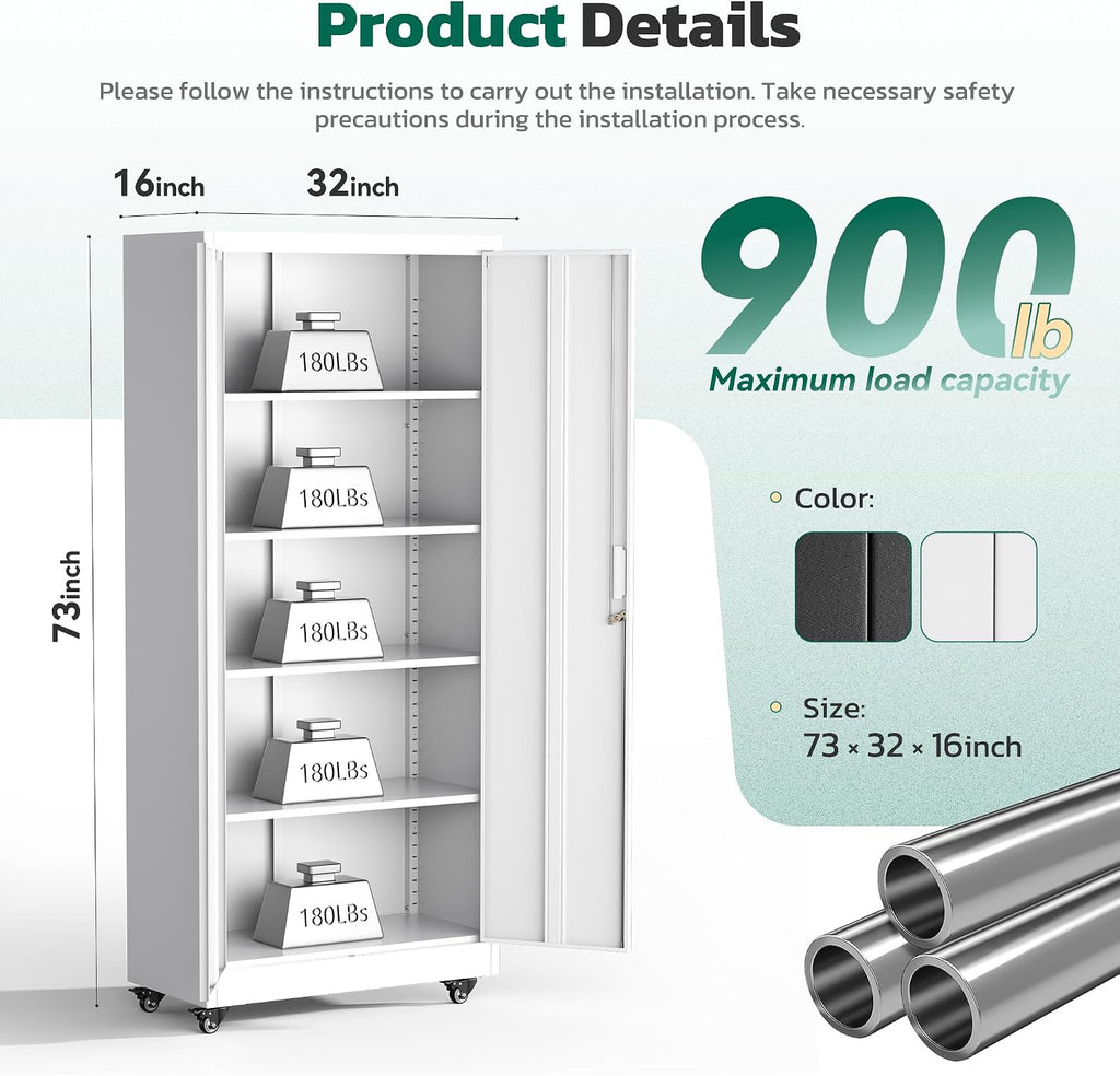 Greenvelly 73' Storage Cabinet with Wheels,Metal Rolling Garage Cabinet with Locking Doors and 4 Adjustable Shelves for Home,Kitchen,Office,Warehouse(32' W x 16' D, White)