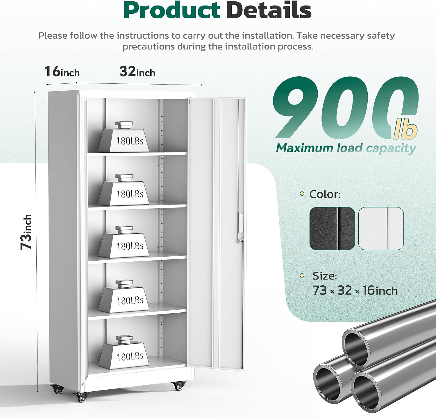 Greenvelly 73' Storage Cabinet with Wheels,Metal Rolling Garage Cabinet with Locking Doors and 4 Adjustable Shelves for Home,Kitchen,Office,Warehouse(32' W x 16' D, White)