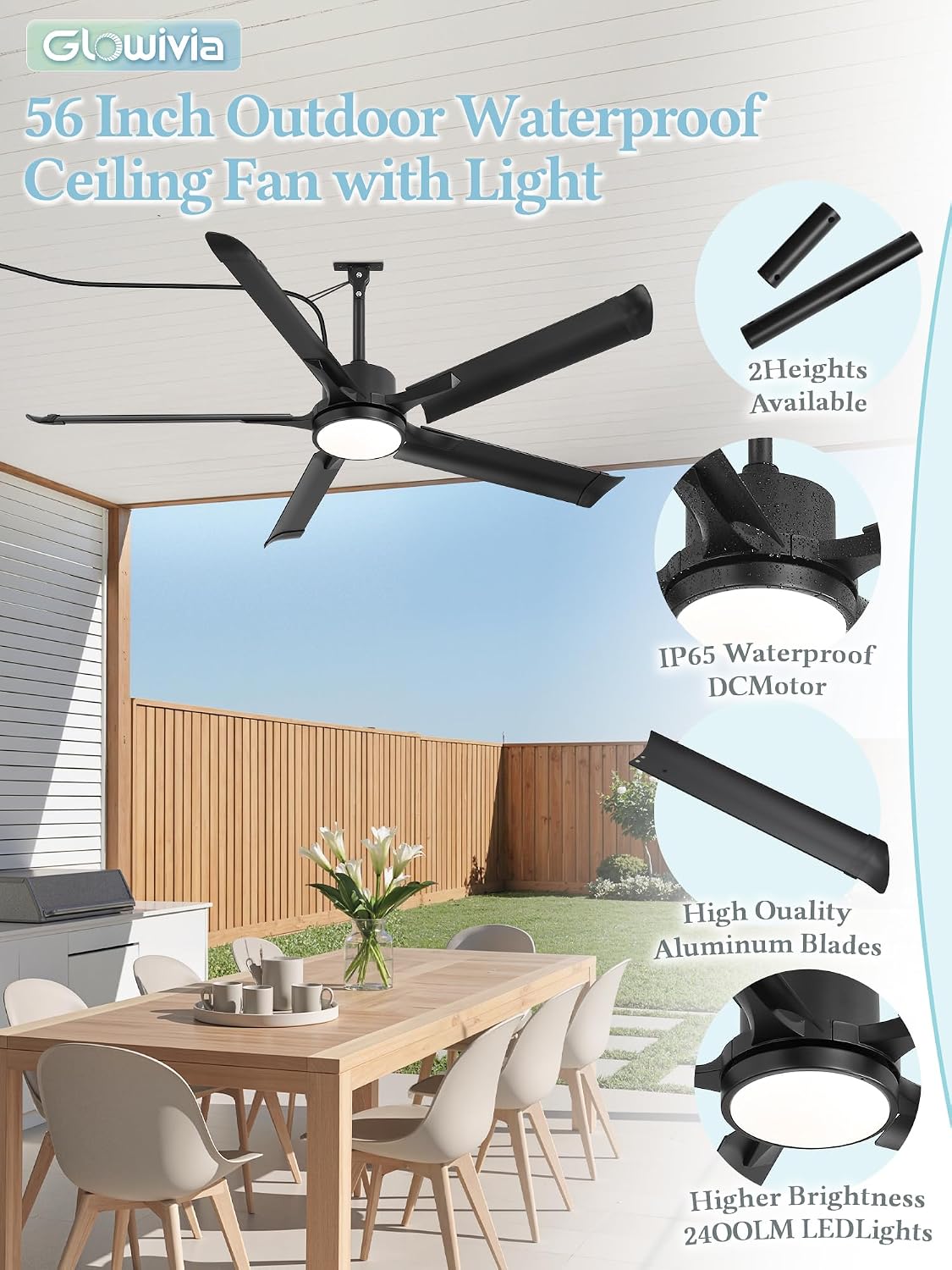 56' Outdoor Ceiling Fan with Lights, IP65 Waterproof Gazebo Fan with Remote Control 6-Speeds DC Motor, Black Plug in Hanging Fan for Patio Porch Pergola(Black)