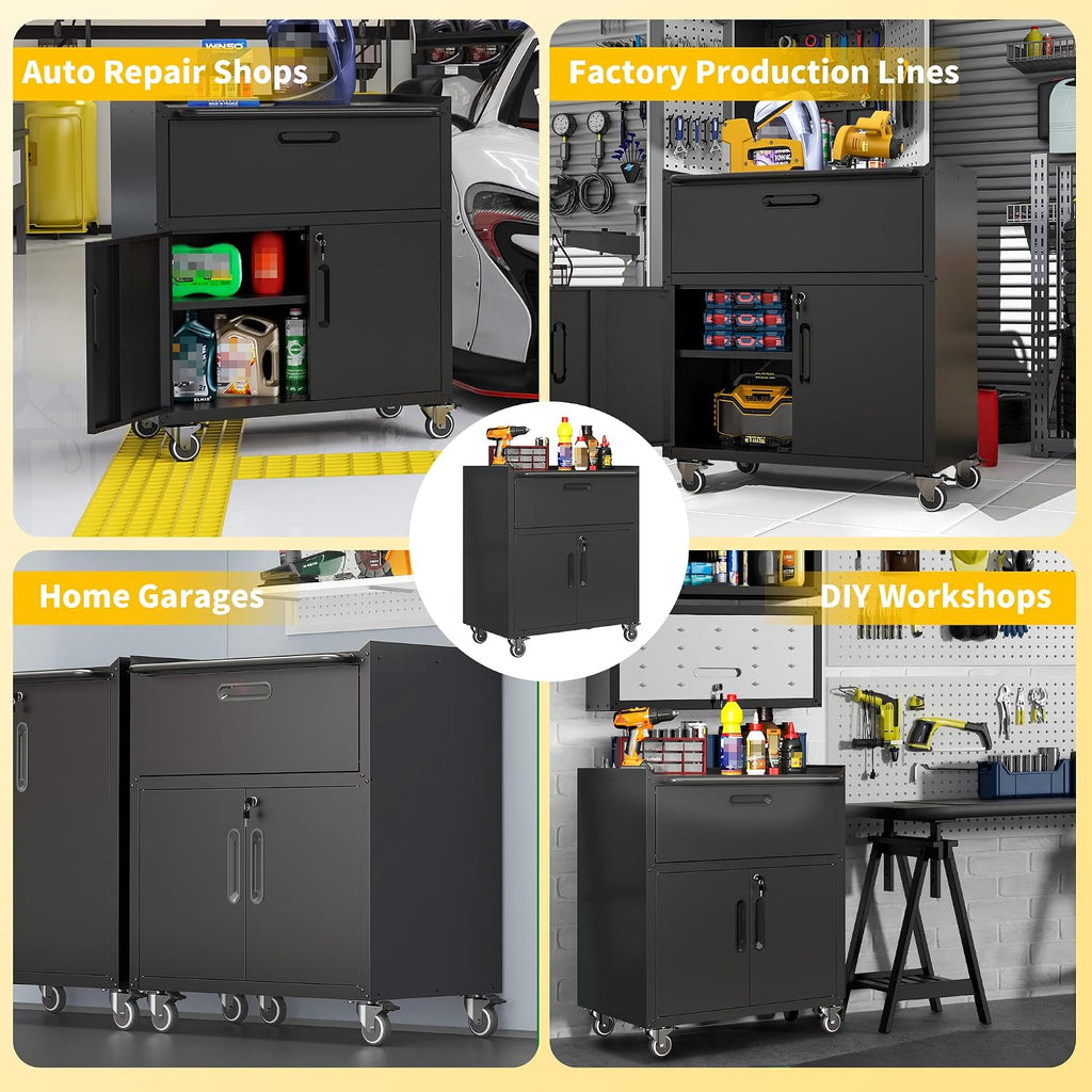 Garage Storage Cabinets with Wheels, Locking Metal Storage Cabinets with 2 Doors and 1 Drawer, Easy Assembly Tool Cabinet for Garage, Basement,Warehouse