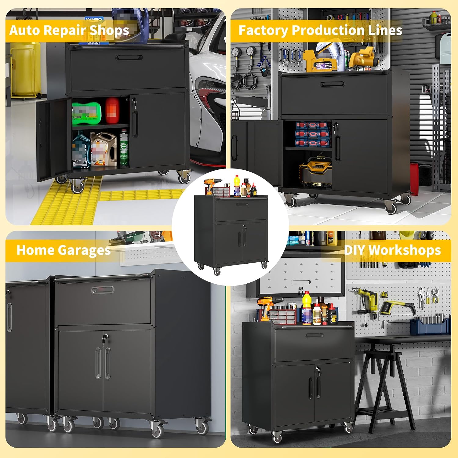 Garage Storage Cabinets with Wheels, Locking Metal Storage Cabinets with 2 Doors and 1 Drawer, Easy Assembly Tool Cabinet for Garage, Basement,Warehouse