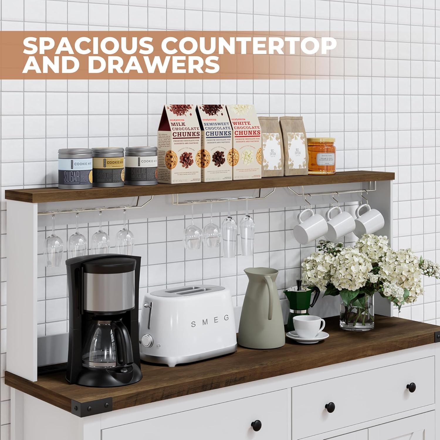 VVFLU Hutch Storage Cabinet Buffet with Drawers, and Charging Station, Coffee Bar Cabinet with Barn Doors, Wine Rack and Hooks, Countertop, Long Farmhouse, White, for Kitchen, Dining Room, 54.1' High