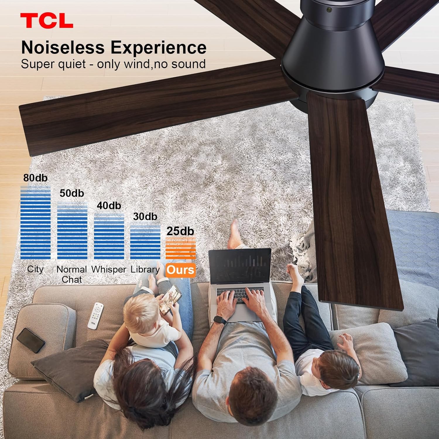 TCL 52' Ceiling Fan with Lights, Black Flush Mount Ceiling Fans with Remote Control, 6 Speeds DC Reversible, Dimmable, Noiseless, Low Profile Ceiling Fans for Bedroom