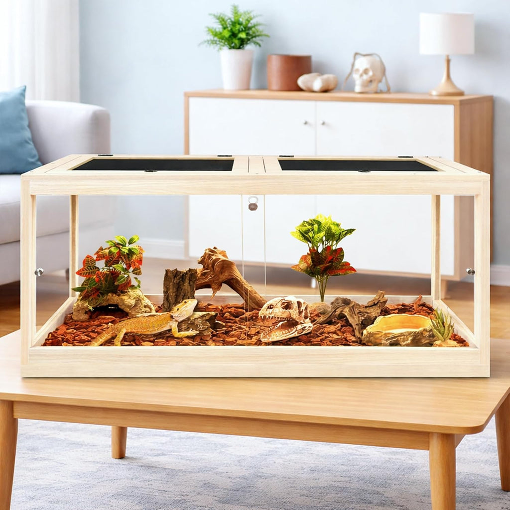 PROLEE Bearded Dragon Tank, Tempered Glass Reptile Encloure and Snake Tank with Metal Mesh Roof Door,Locking Design Reptile Tank for Lizard,Gecko,Chameleon (Oak, 82 Gallon (48x19.5x19.5) Inch)
