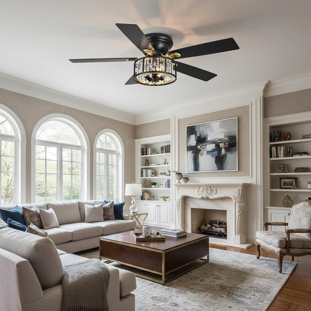 52' Crystal Farmhouse Ceiling Fan with Lights and Remote,Flush Mount Ceiling Fan,Chandelier with 5 Reversible Blades,3 E12 Base Lights,Quiet Motor for Living Room,Dining Room,Bedroom