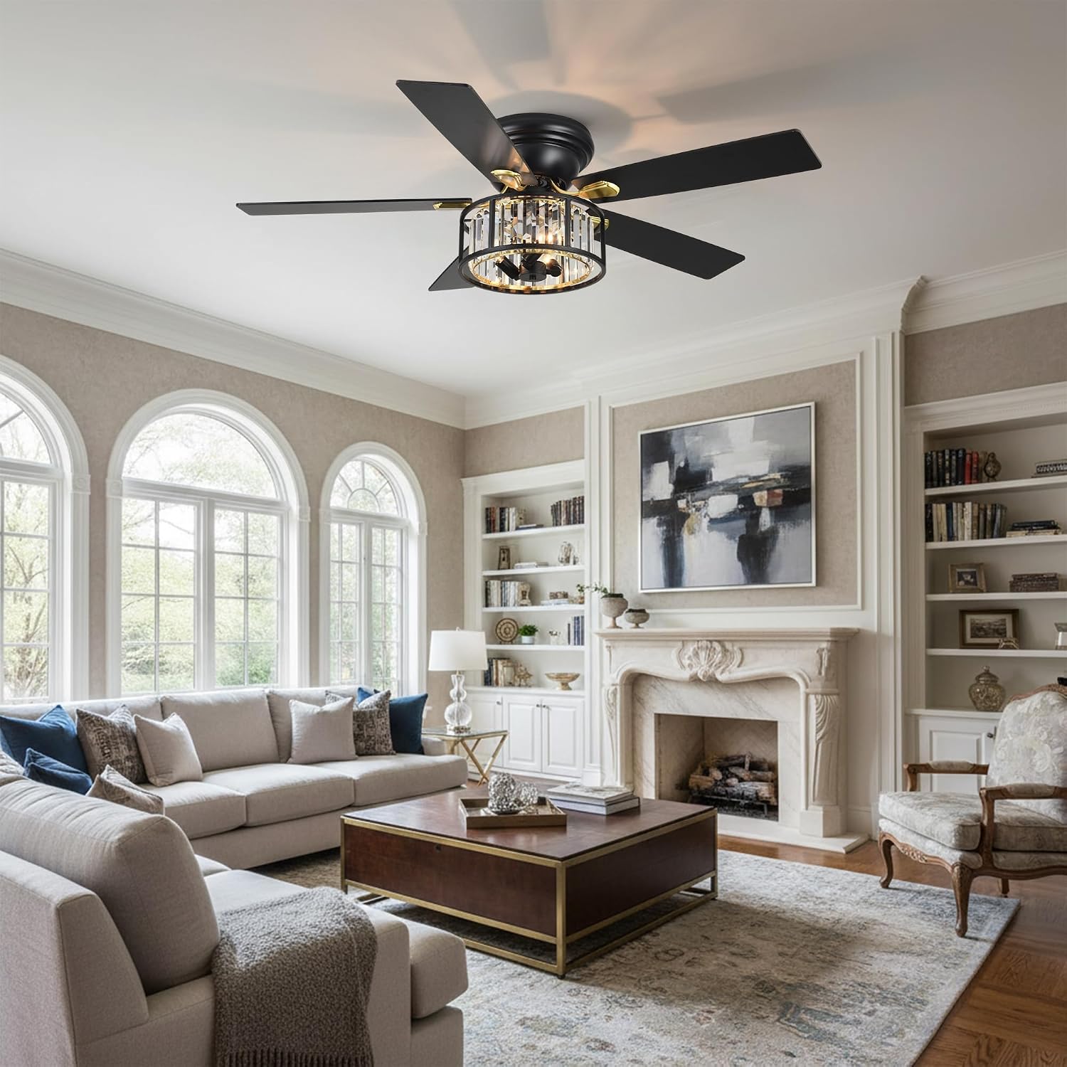 52' Crystal Farmhouse Ceiling Fan with Lights and Remote,Flush Mount Ceiling Fan,Chandelier with 5 Reversible Blades,3 E12 Base Lights,Quiet Motor for Living Room,Dining Room,Bedroom