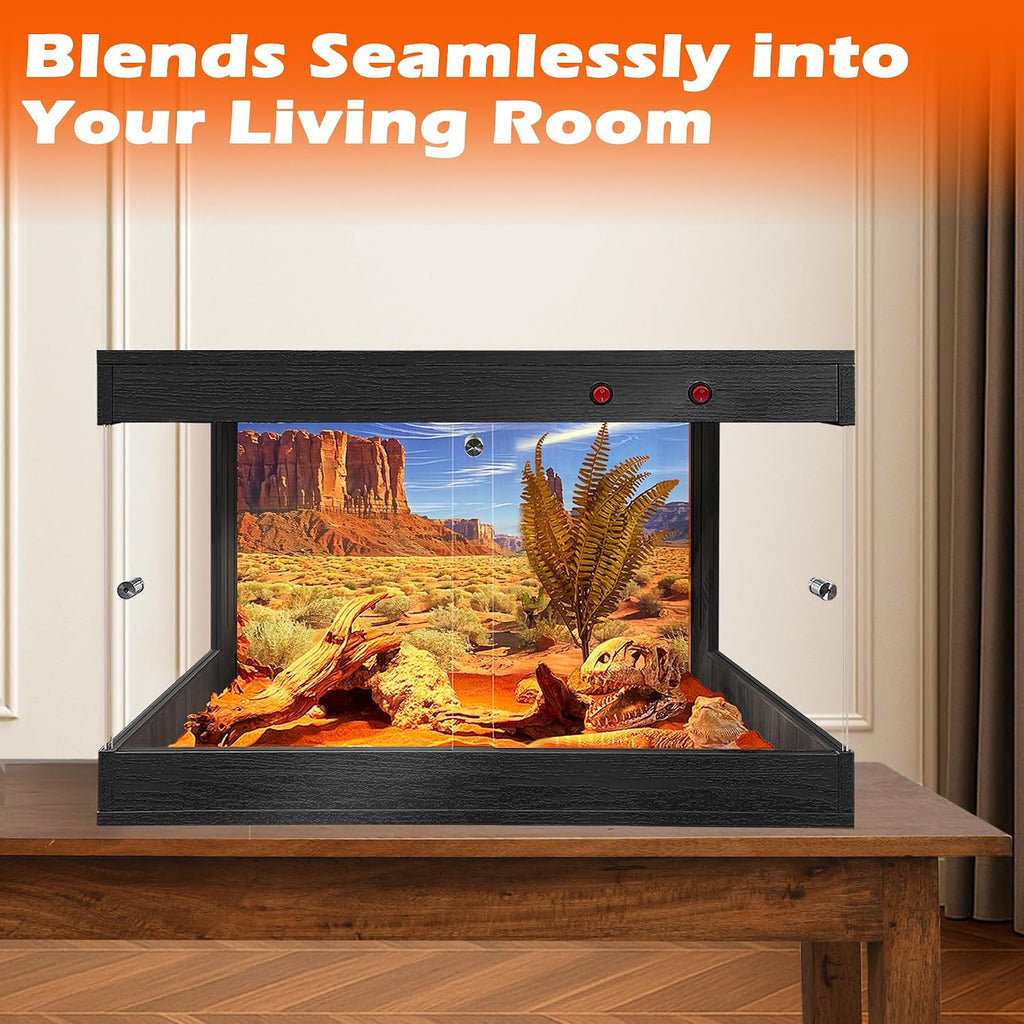 ROYXEN Reptile Tank, 30 Gallons Reptile Enclosure with Lockable Design, Tempered Glass Bearded Dragon Tank for Lizard Habitat, Soild Wood Built-in Sockets (Black, 24'x16'x15.5')