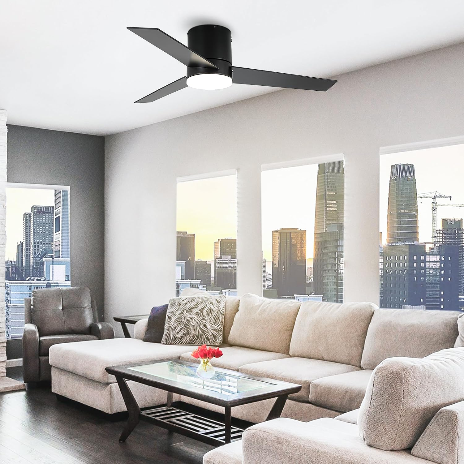 Low Profile Ceiling Fans with Lights and Remote, 48 Inch Bedroom Ceiling Fans Flush Mount, Indoor/Outdoor Fans for Patios, Reversible 3 Blades, Noiseless, Color Temp Adjusted, DOE ETL Tested (Black)
