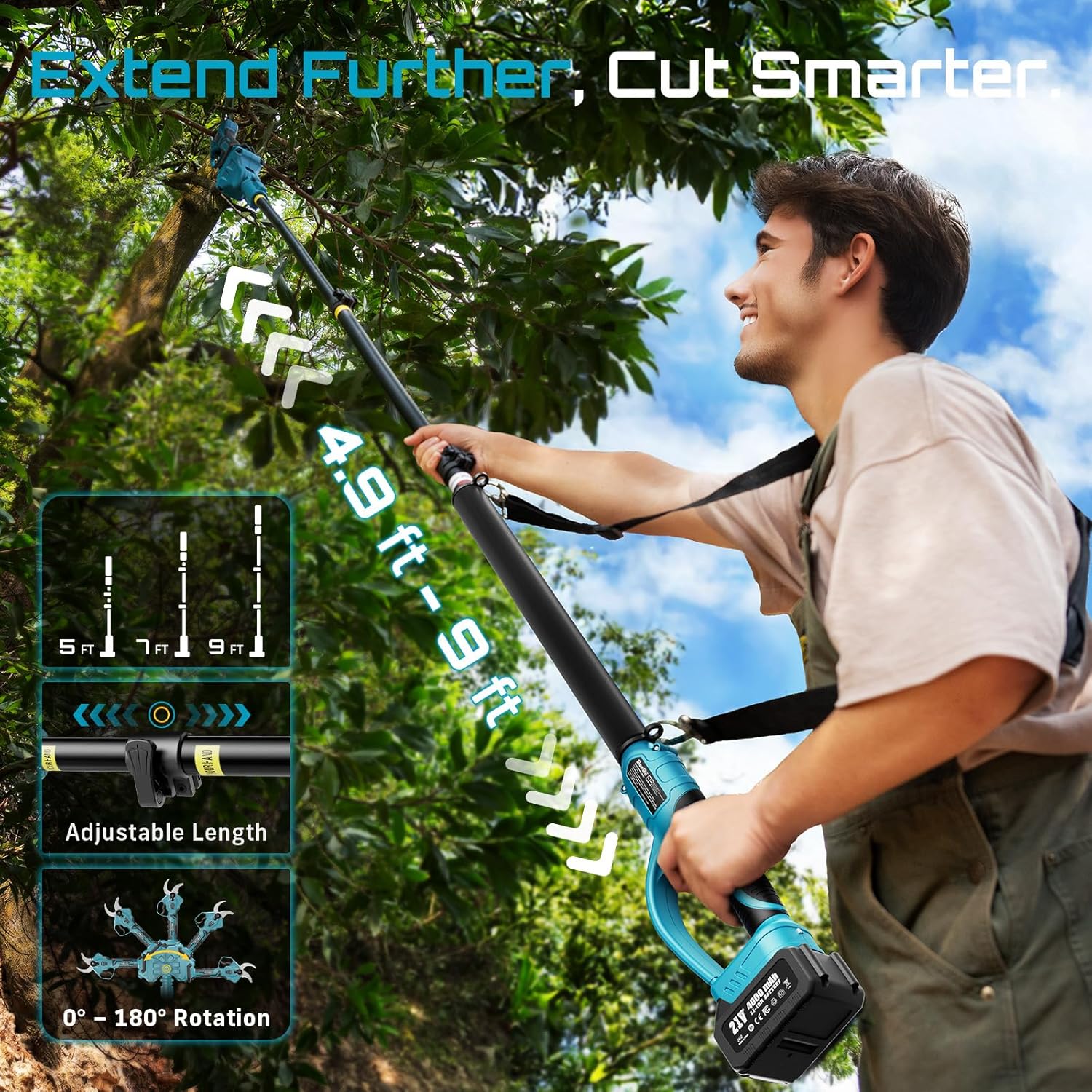 SEESII Pole Electric Pruning Shears: 1.8' Cutting Diameter 2-in-1 Cordless Power Pruner - Brushless Motor, Dual 4.0Ah Batteries, Extra SK5 Blade, 4 Modes Adjustable Branch Cutter for Garden Trimming
