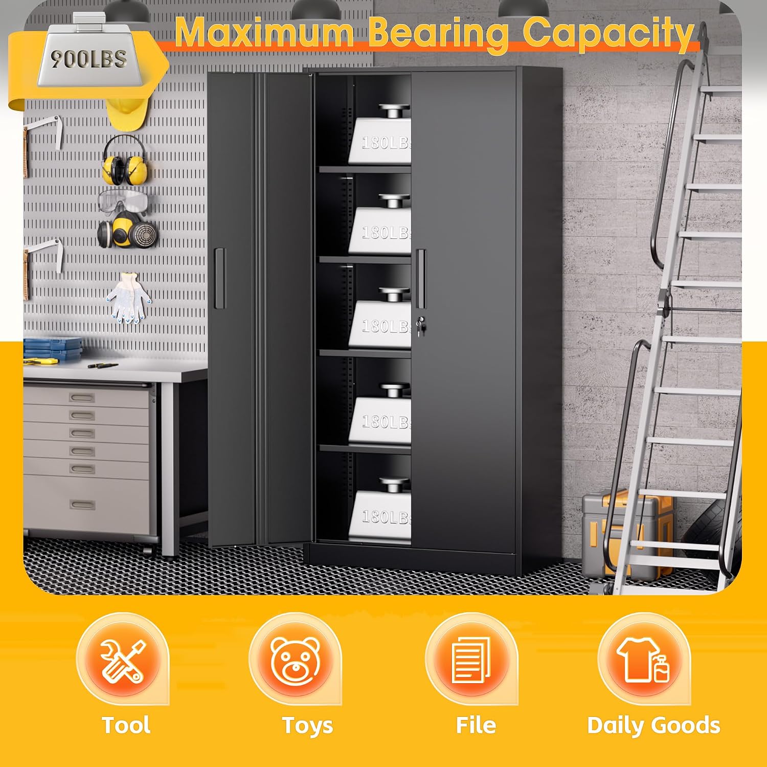 Greenvelly 72' H Metal Garage Storage Cabinet with 2 Doors and 4 Adjustable Shelves, Black Metal Cabinet with Lock, Steel Tool Cabinet for Office, Home, Garage, Gym, School（New Recessed Handle）