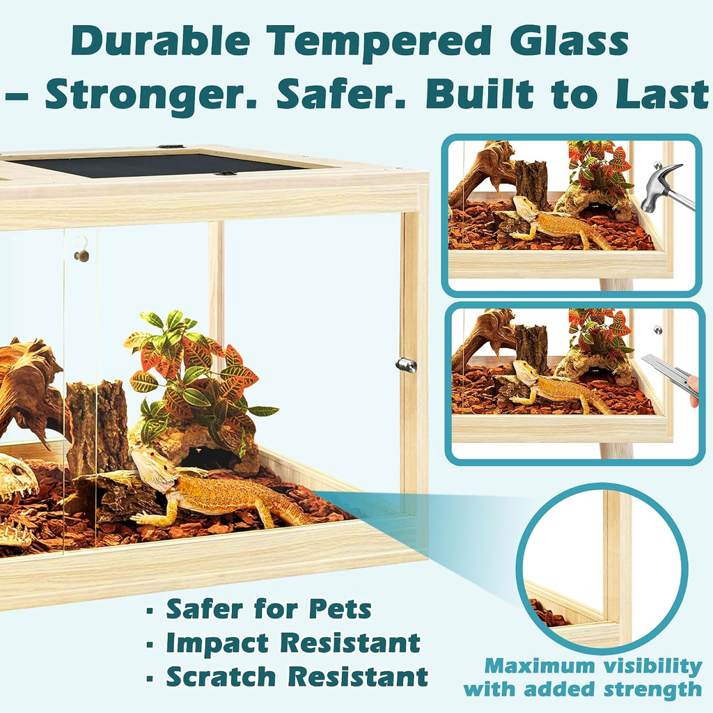 PROLEE Bearded Dragon Tank, Tempered Glass Reptile Encloure and Snake Tank with Metal Mesh Roof Door,Locking Design Reptile Tank for Lizard,Gecko,Chameleon (Oak, 82 Gallon (48x19.5x19.5) Inch)