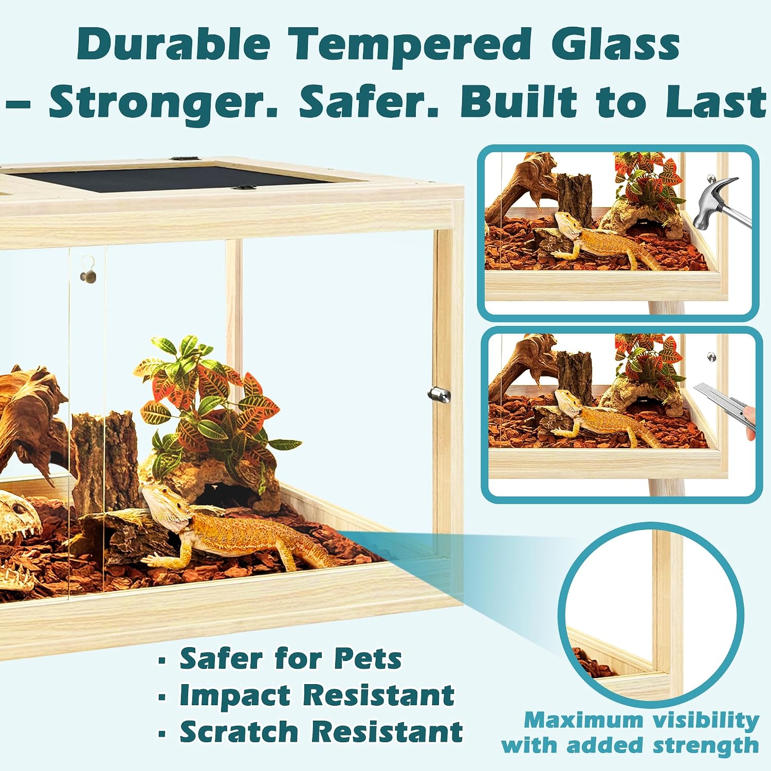 PROLEE Bearded Dragon Tank, Tempered Glass Reptile Encloure and Snake Tank with Metal Mesh Roof Door,Locking Design Reptile Tank for Lizard,Gecko,Chameleon (Oak, 82 Gallon (48x19.5x19.5) Inch)