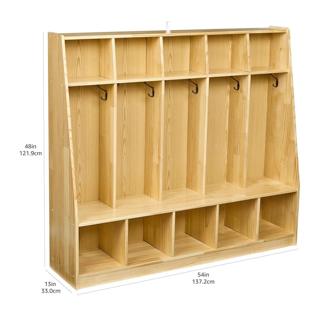 Amazon Basics Coat Locker, 5-Section with Bench, Daycare Classroom Furniture, Backpack Storage, 13'D x 54'W x 48'H, Natural Finish, Solid Pine Wood, Mudroom Furniture with Hooks for Home