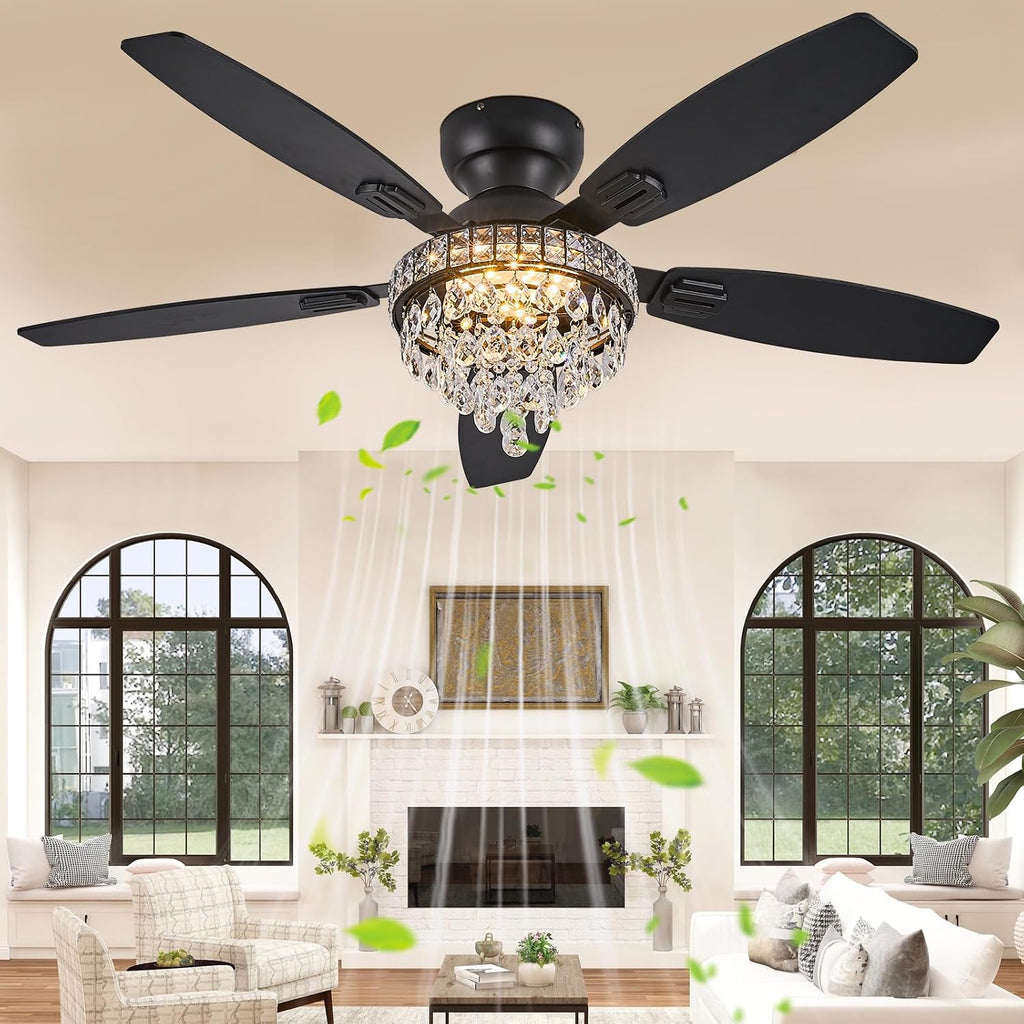 Crystal Ceiling Fan Fandelier with Lights-Ceiling Fans with Lights,50' Low Profile and Remote Control, Flush Mount, Reversible, Dimmable, Noiseless, Black Ceiling Fan for Bedroom