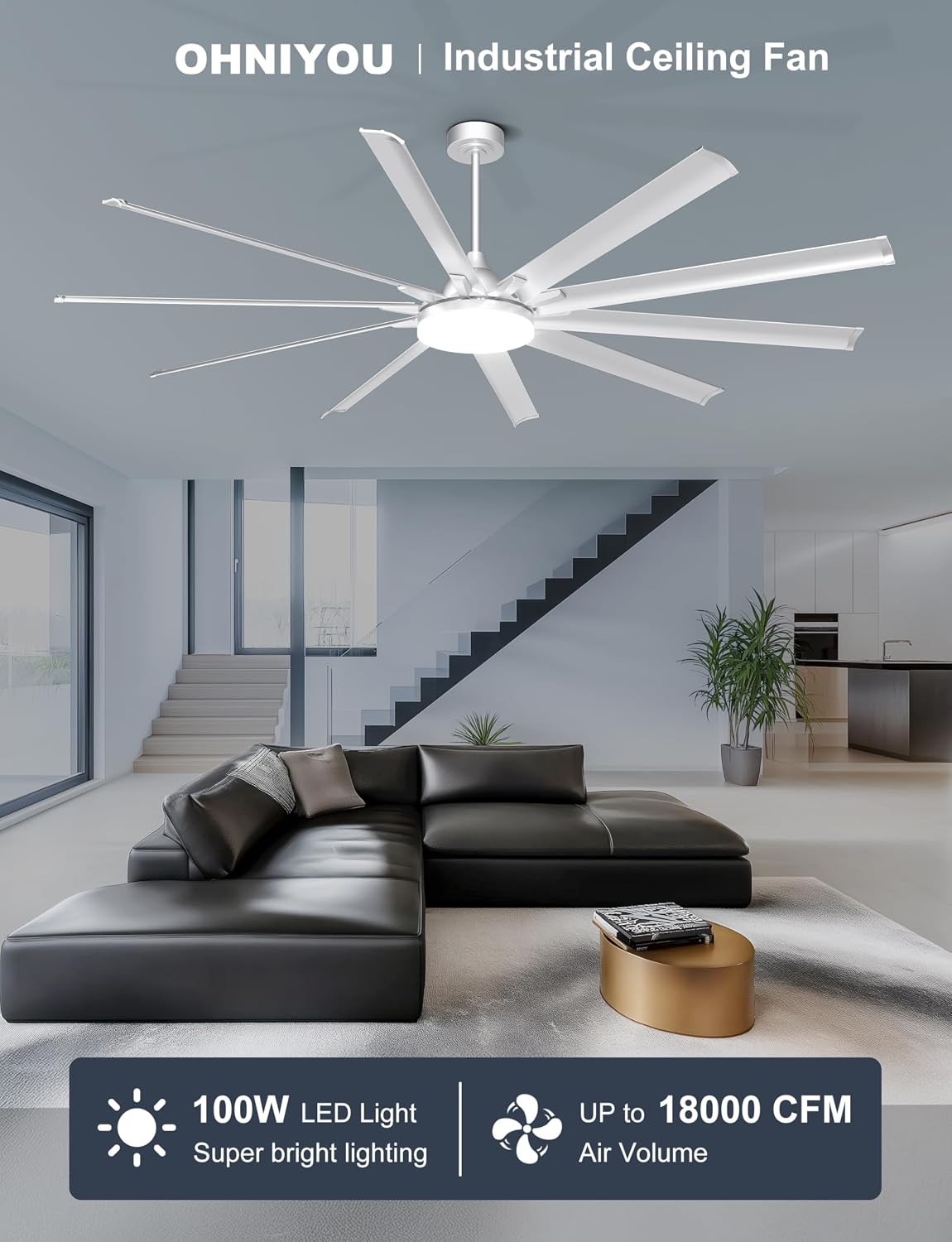 Ohniyou 96'' Industrial Ceiling Fan with Bright Lights - Remote/APP Control, High CFM, Large Ceiling Fan for Shop, Covered Outdoor, Great Room, Silver