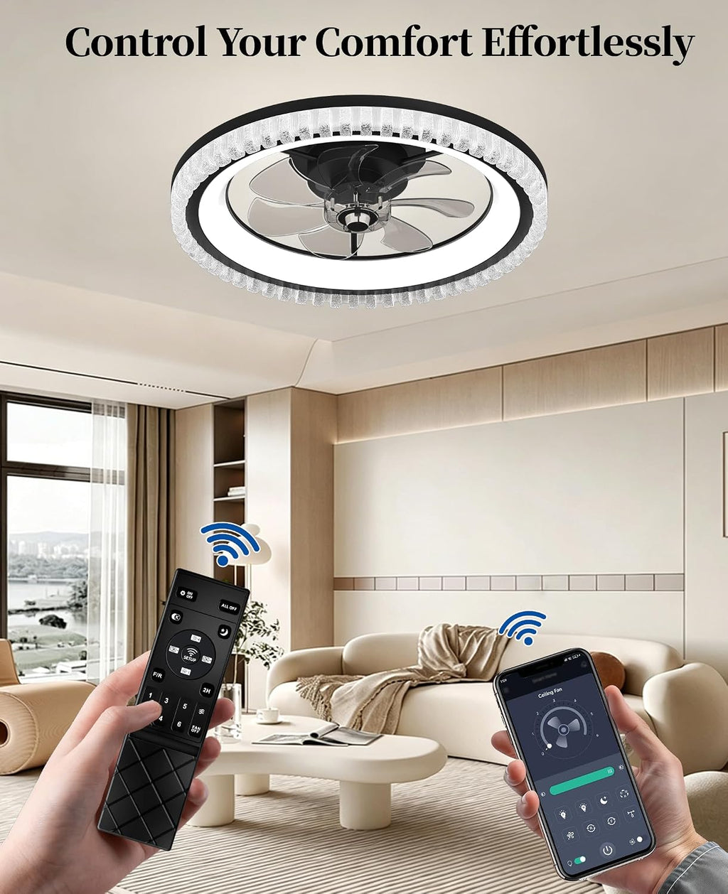 Ceiling Fans with Lights and Remote, Low Profile Flush Mount Ceiling Fan with Light, Smart APP Control, 6 Speed DC Motor, 3CCT Dimmable LED, Quiet Bedroom Ceiling Fan for Small Room, Black 20″