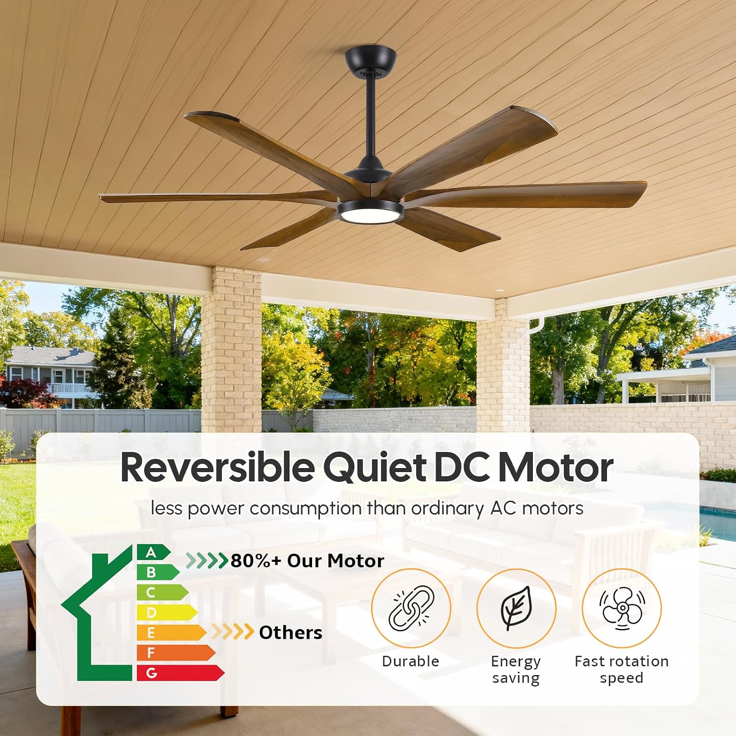 72 Inch Outdoor Ceiling Fan with Light for Patio, Smart Alexa/APP/Remote Control, 6 Brown Wood Blades Damp Rated, Large Airflow Quiet Reversible DC Motor, for Indoor Covered Exterior Farmhouse Bedroom