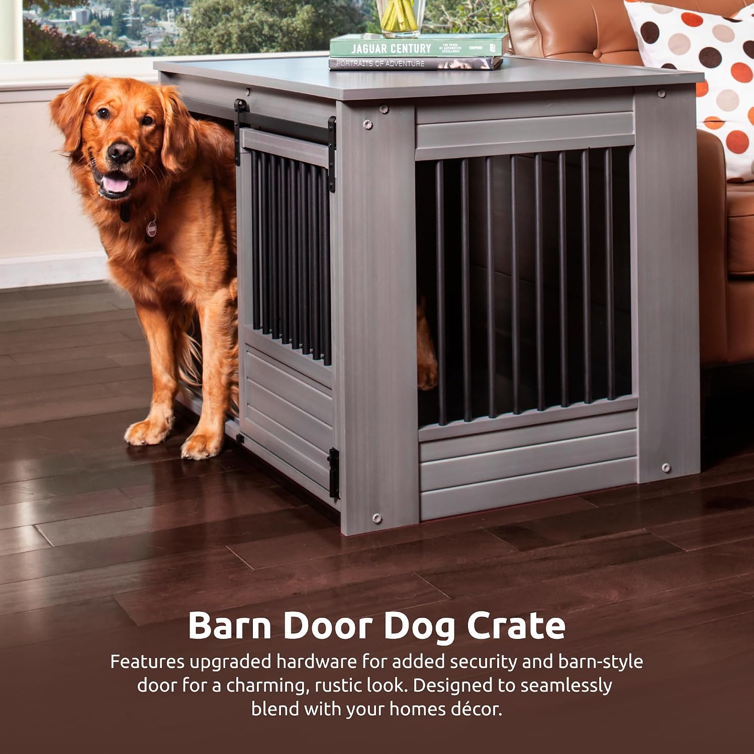 New Age Pet ECOFLEX Barn Door Dog Crate & End Table, Indoor Furniture Style Kennel for Medium & Large Dogs, Durable, Non Toxic Composite, Espresso Black, Large