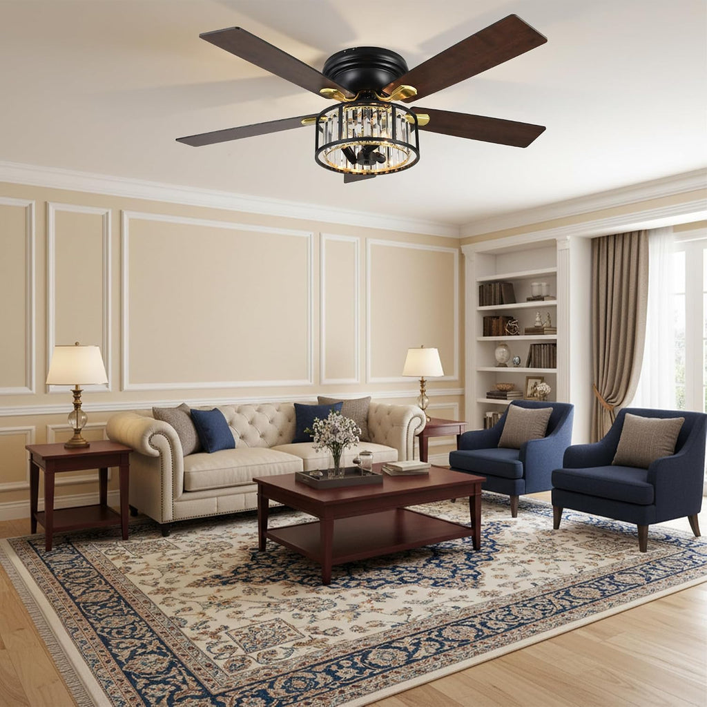 Bella Depot 52' Black Flush Mount Ceiling Fan, Caged Crystal Chandelier Fan with Light (No Bulbs Included), Quiet DC Motor for Dining Living Room Bedroom