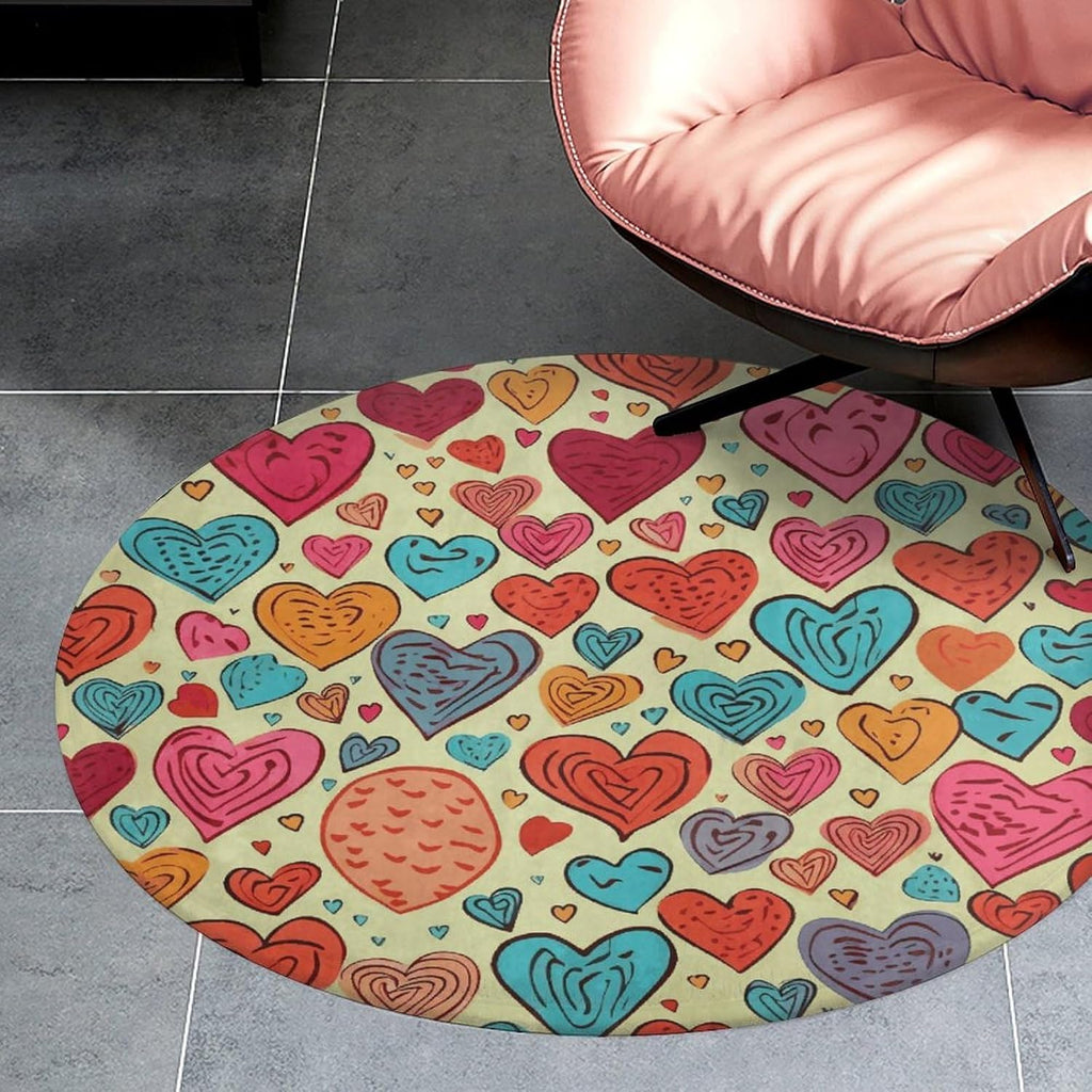 Colorful Heart Pattern Coral Velvet Round Floor Mat Non-Slip Bath Rug Floor Covering for Bathroom Vanity Guest Suite & Vacation Home