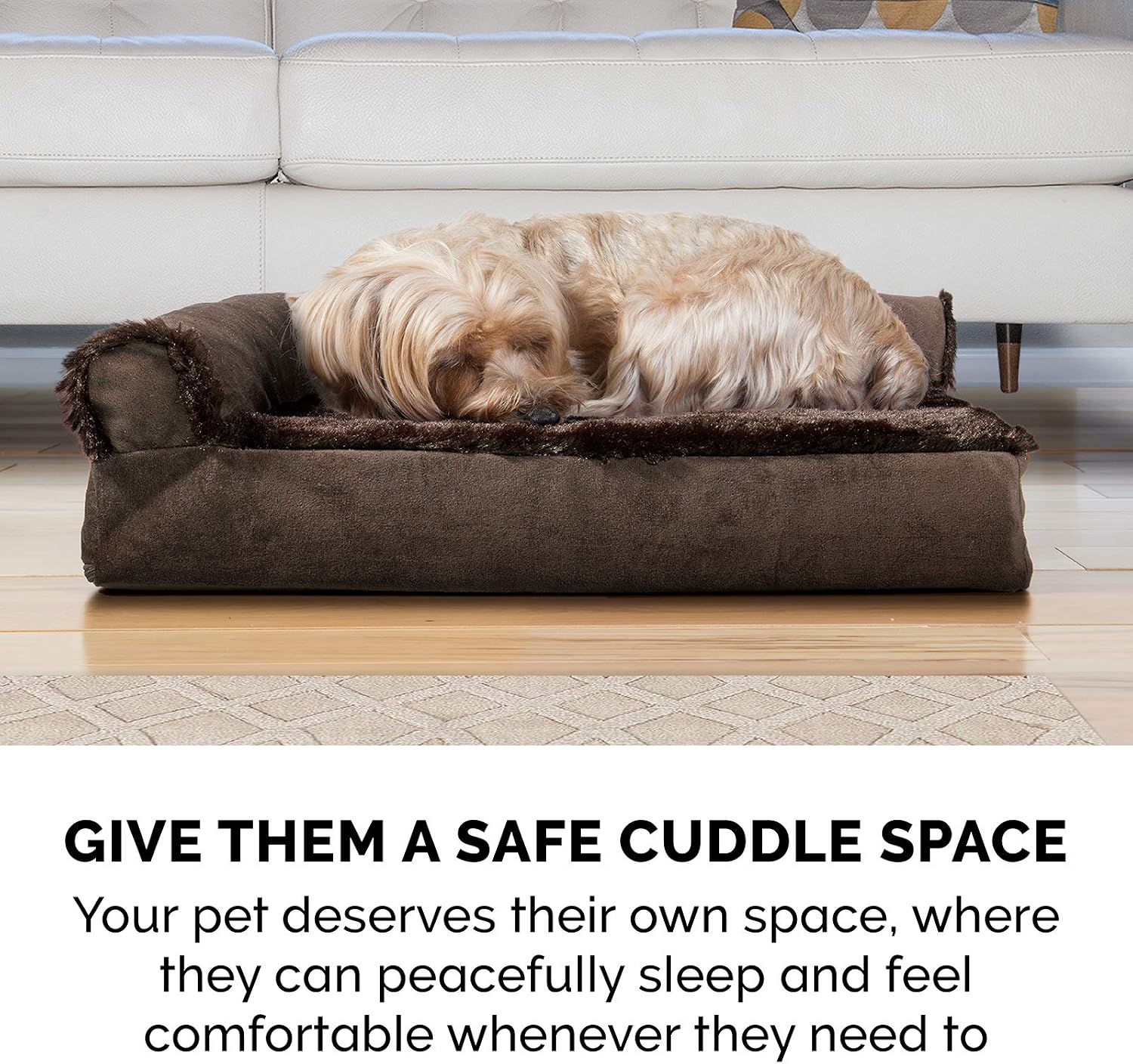 Furhaven Cooling Gel Dog Bed for Large Dogs w/ Removable Bolsters & Washable Cover, For Dogs Up to 125 lbs - Plush & Velvet L Shaped Chaise - Sable Brown, Jumbo Plus/XXL